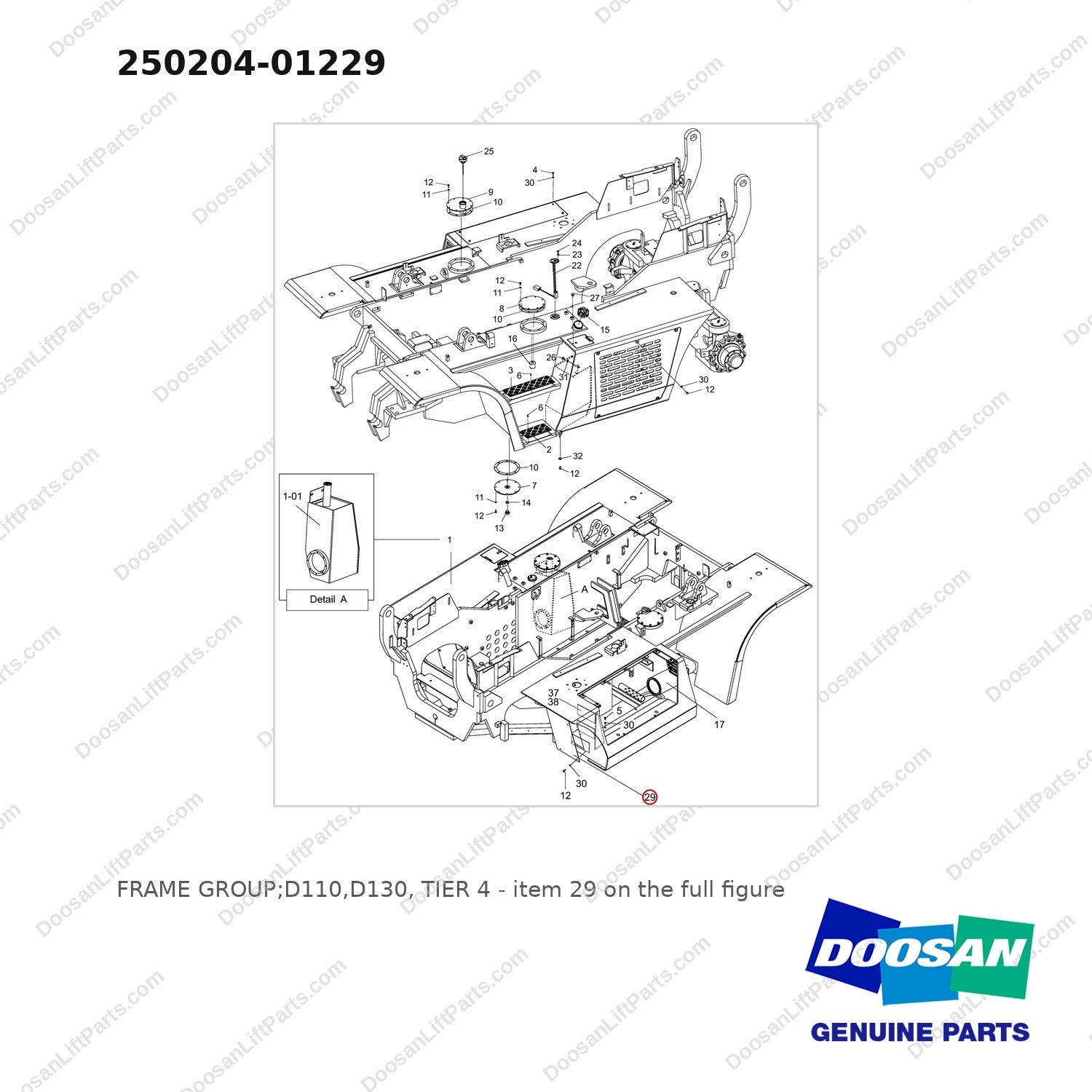 250204-01229 FRAME GROUP;D110,D130, TIER 4 - full parts diagram, item 29 marked - genuine Doosan / Bobcat forklift part