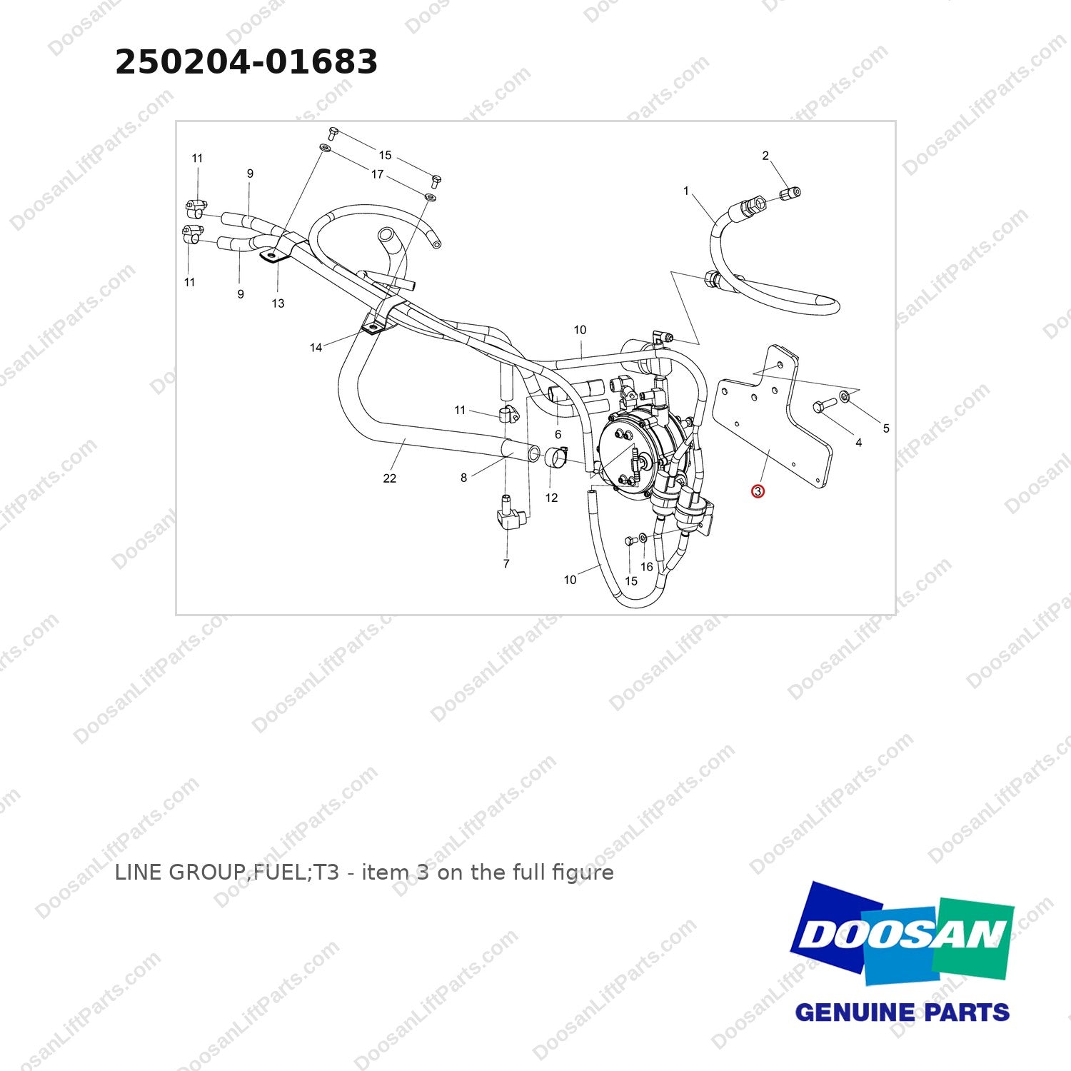 250204-01683 LINE GROUP,FUEL;T3 - full parts diagram, item 3 marked - genuine Doosan / Bobcat forklift part