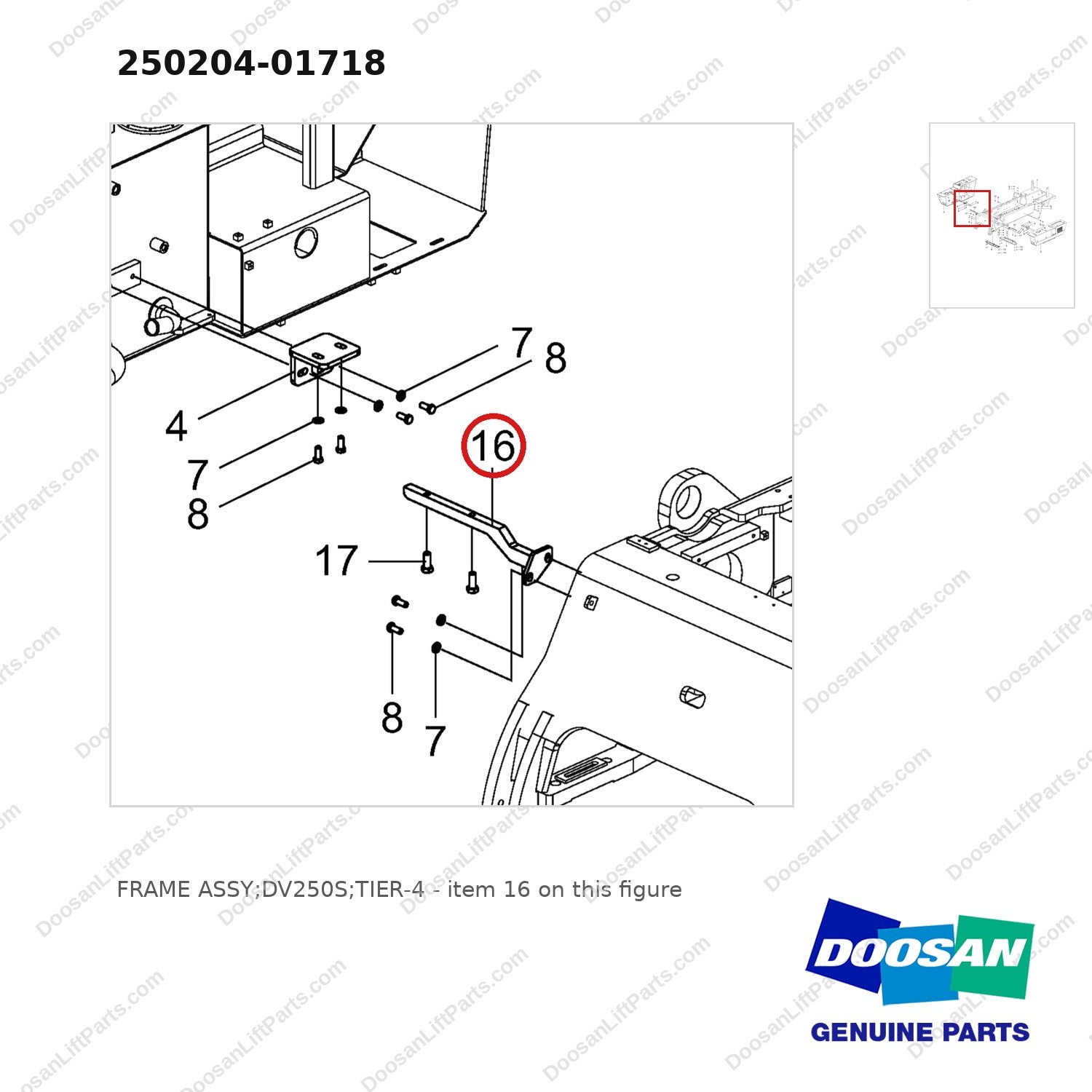 250204-01718 FRAME ASSY;DV250S;TIER-4 - parts diagram, item 16 shown - genuine Doosan / Bobcat forklift part
