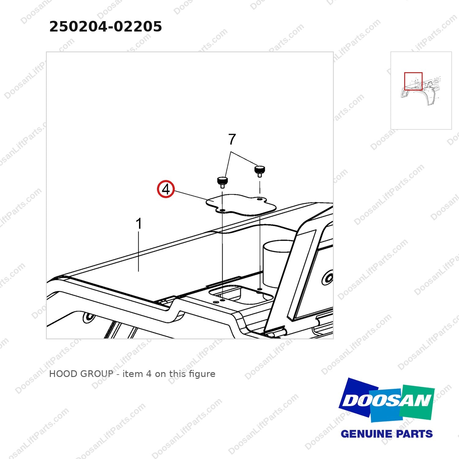 250204-02205 HOOD GROUP - parts diagram, item 4 shown - genuine Doosan / Bobcat forklift part
