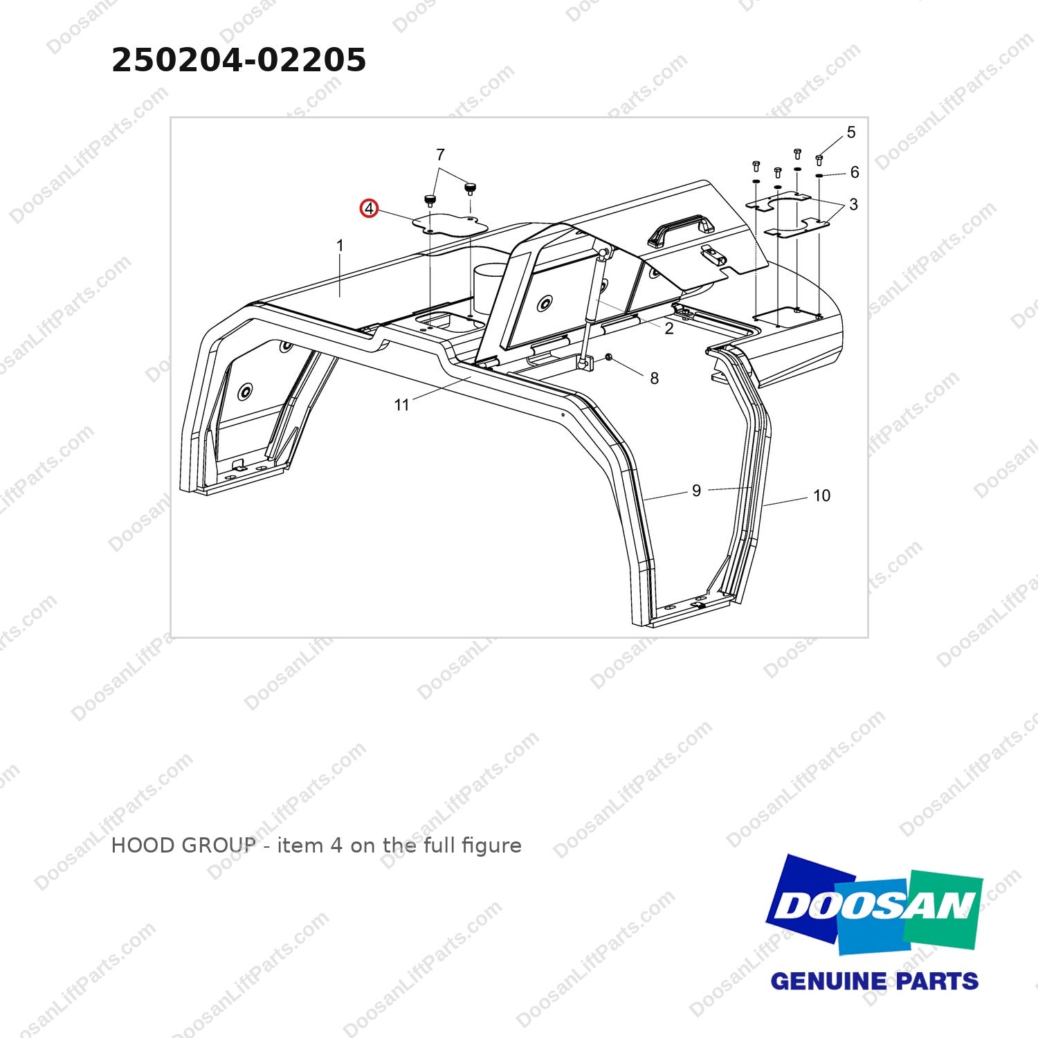 250204-02205 HOOD GROUP - full parts diagram, item 4 marked - genuine Doosan / Bobcat forklift part
