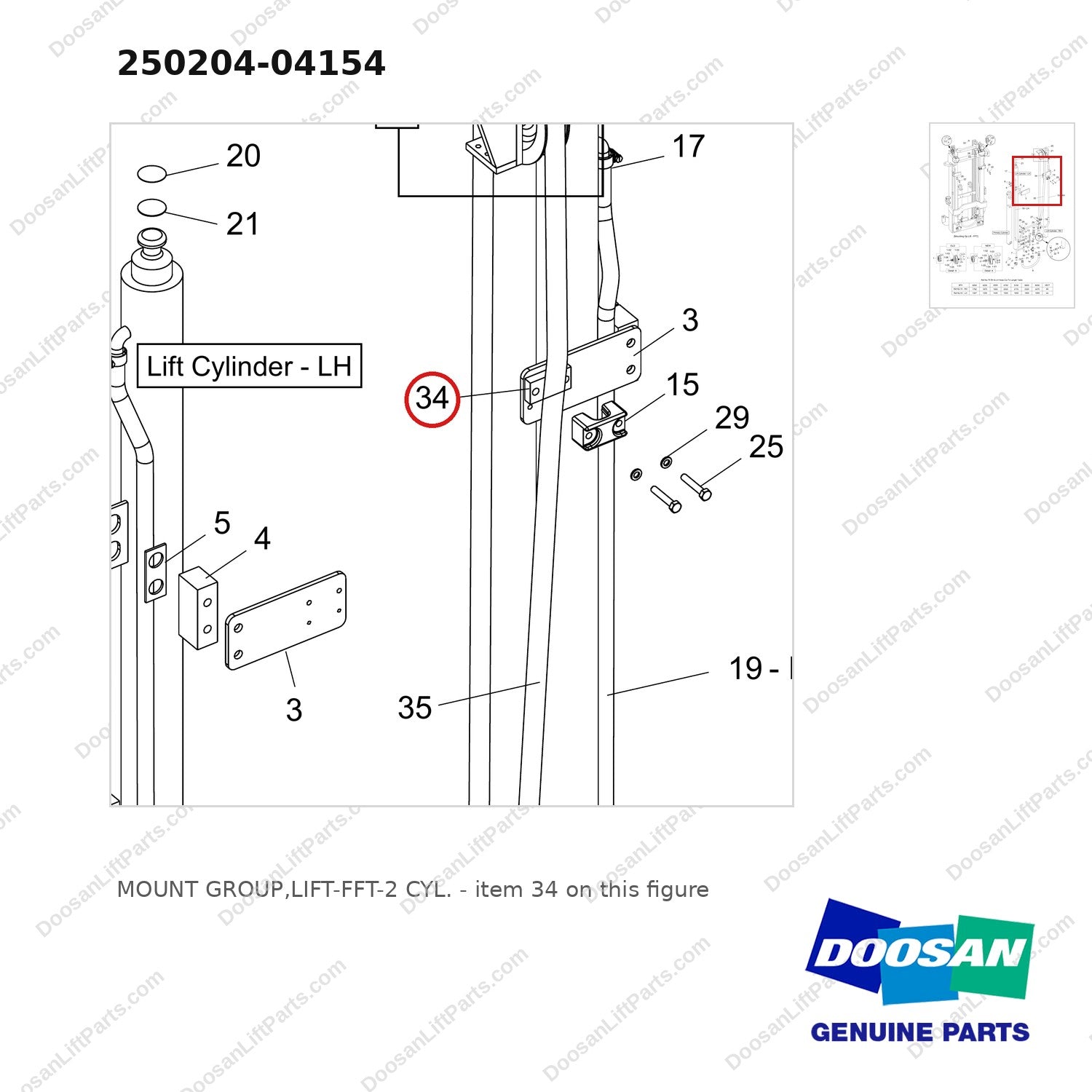 250204-04154 MOUNT GROUP,LIFT-FFT-2 CYL. - parts diagram, item 34 shown - genuine Doosan / Bobcat forklift part
