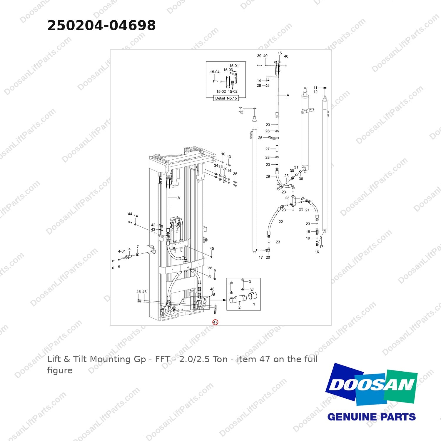 250204-04698 Lift & Tilt Mounting Gp - FFT - 2.0/2.5 Ton - full parts diagram, item 47 marked - genuine Doosan / Bobcat forklift part