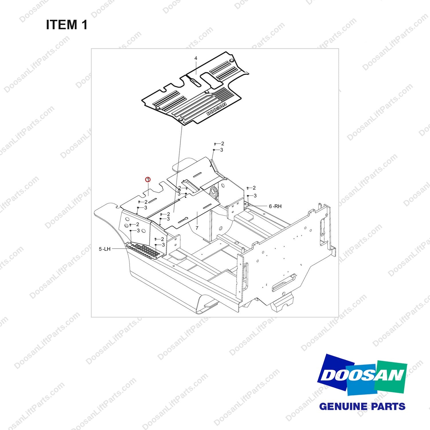 250204-04961 Floor Plate Gp - full parts diagram, item 1 marked - genuine Doosan / Bobcat forklift part