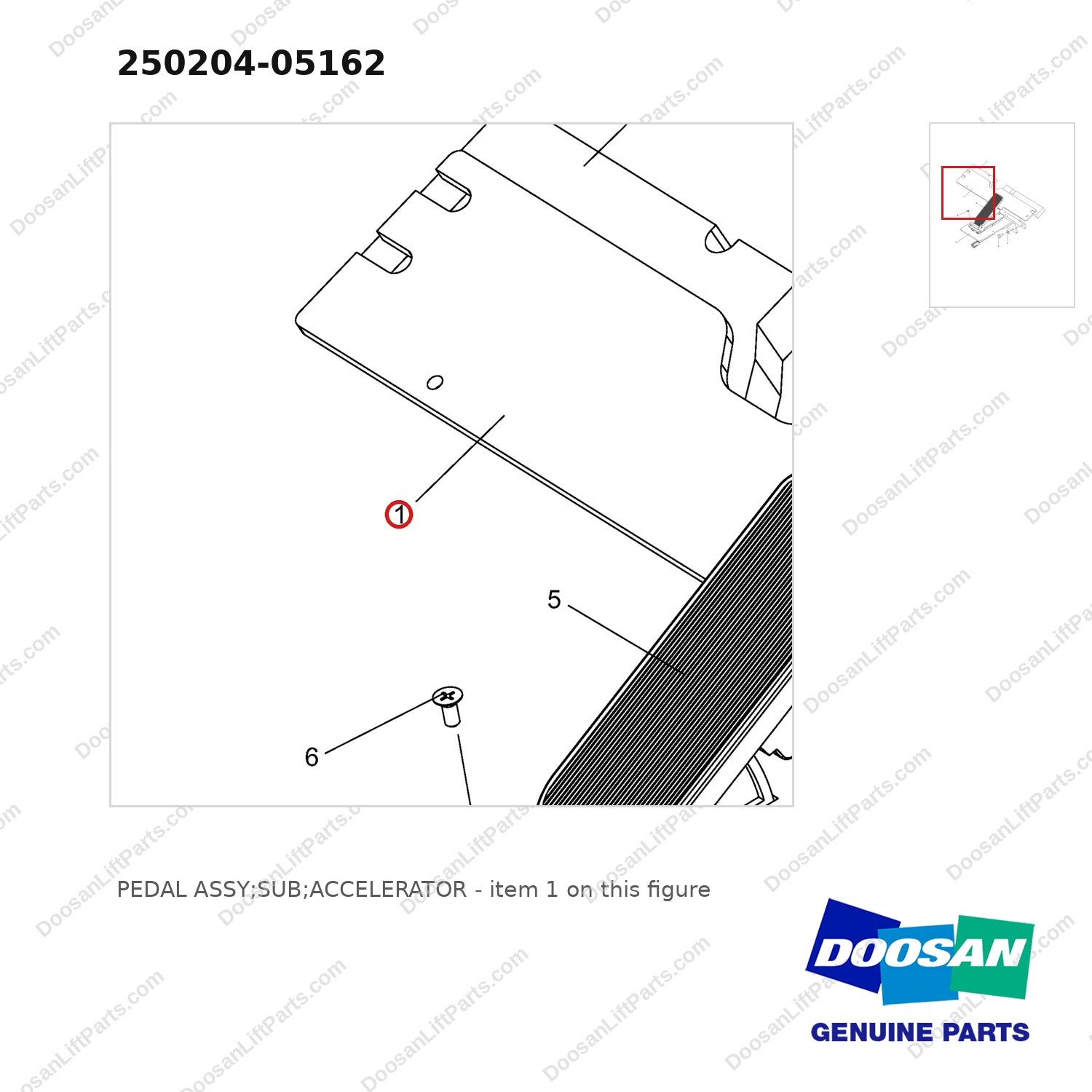250204-05162 PEDAL ASSY;SUB;ACCELERATOR - parts diagram, item 1 shown - genuine Doosan / Bobcat forklift part