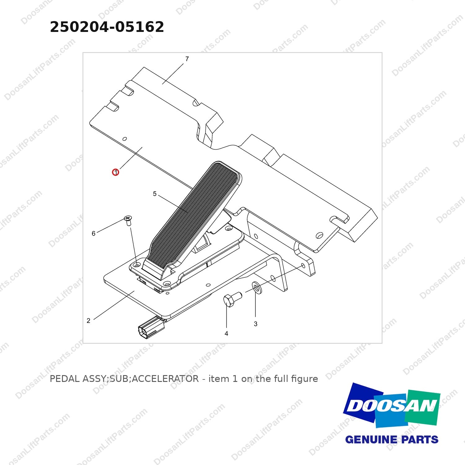 250204-05162 PEDAL ASSY;SUB;ACCELERATOR - full parts diagram, item 1 marked - genuine Doosan / Bobcat forklift part