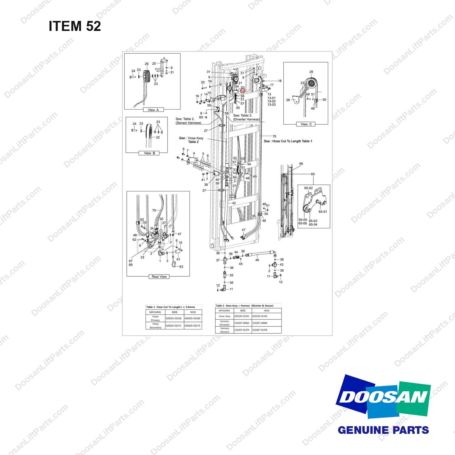 250204-05442 MOUNT GROUP;L&T,BSC FOR FREEZER - full parts diagram, item 52 marked - genuine Doosan / Bobcat forklift part