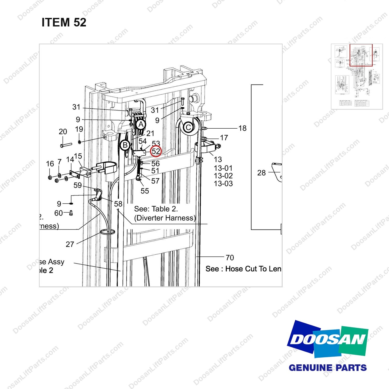250204-05442 MOUNT GROUP;L&T,BSC FOR FREEZER - parts diagram, item 52 shown - genuine Doosan / Bobcat forklift part