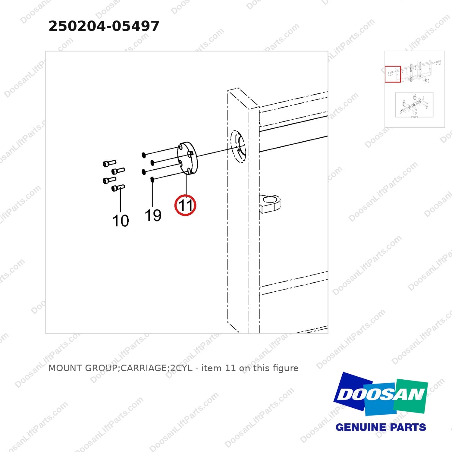 250204-05497 MOUNT GROUP;CARRIAGE;2CYL - parts diagram, item 11 shown - genuine Doosan / Bobcat forklift part