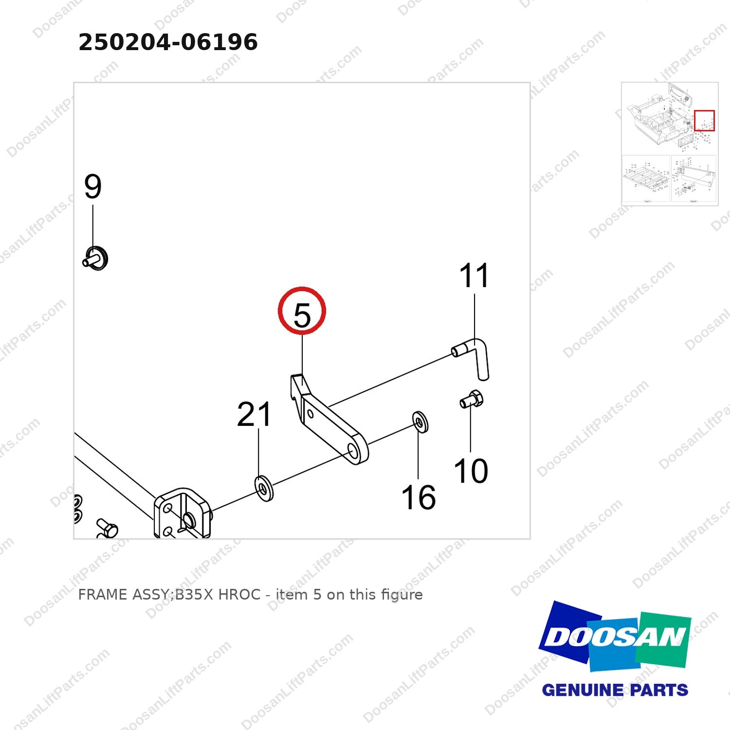250204-06196 FRAME ASSY;B35X HROC - parts diagram, item 5 shown - genuine Doosan / Bobcat forklift part