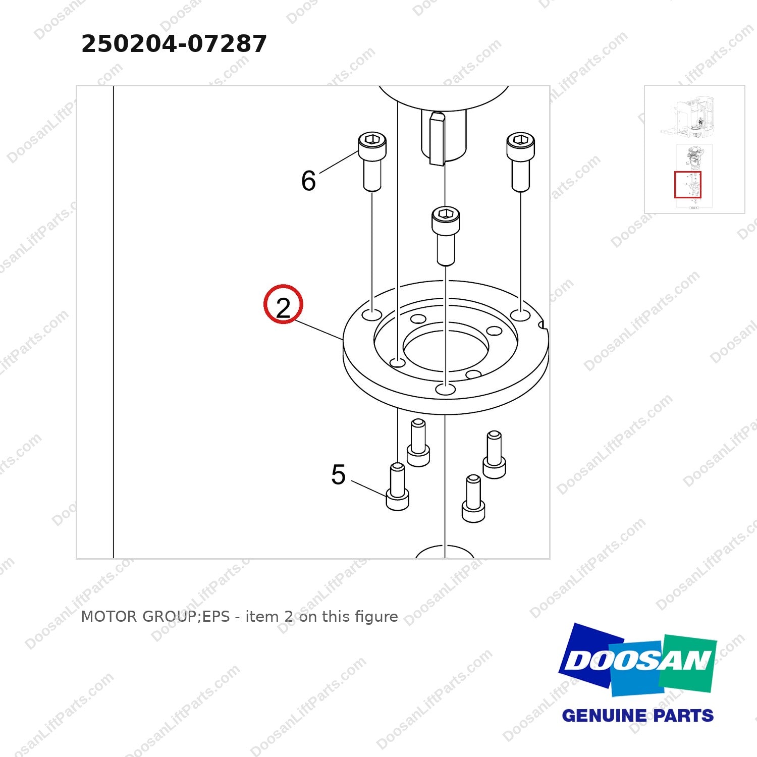 250204-07287 MOTOR GROUP;EPS - parts diagram, item 2 shown - genuine Doosan / Bobcat forklift part
