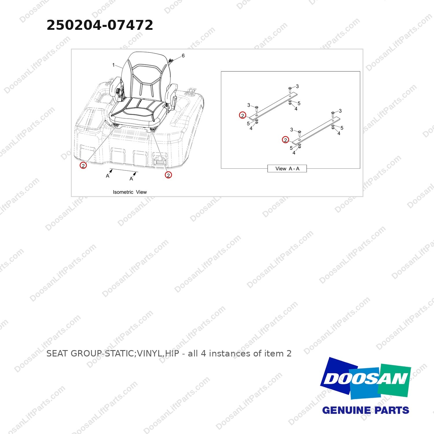 250204-07472 SEAT GROUP-STATIC;VINYL,HIP - full parts diagram, item 2 marked - genuine Doosan / Bobcat forklift part