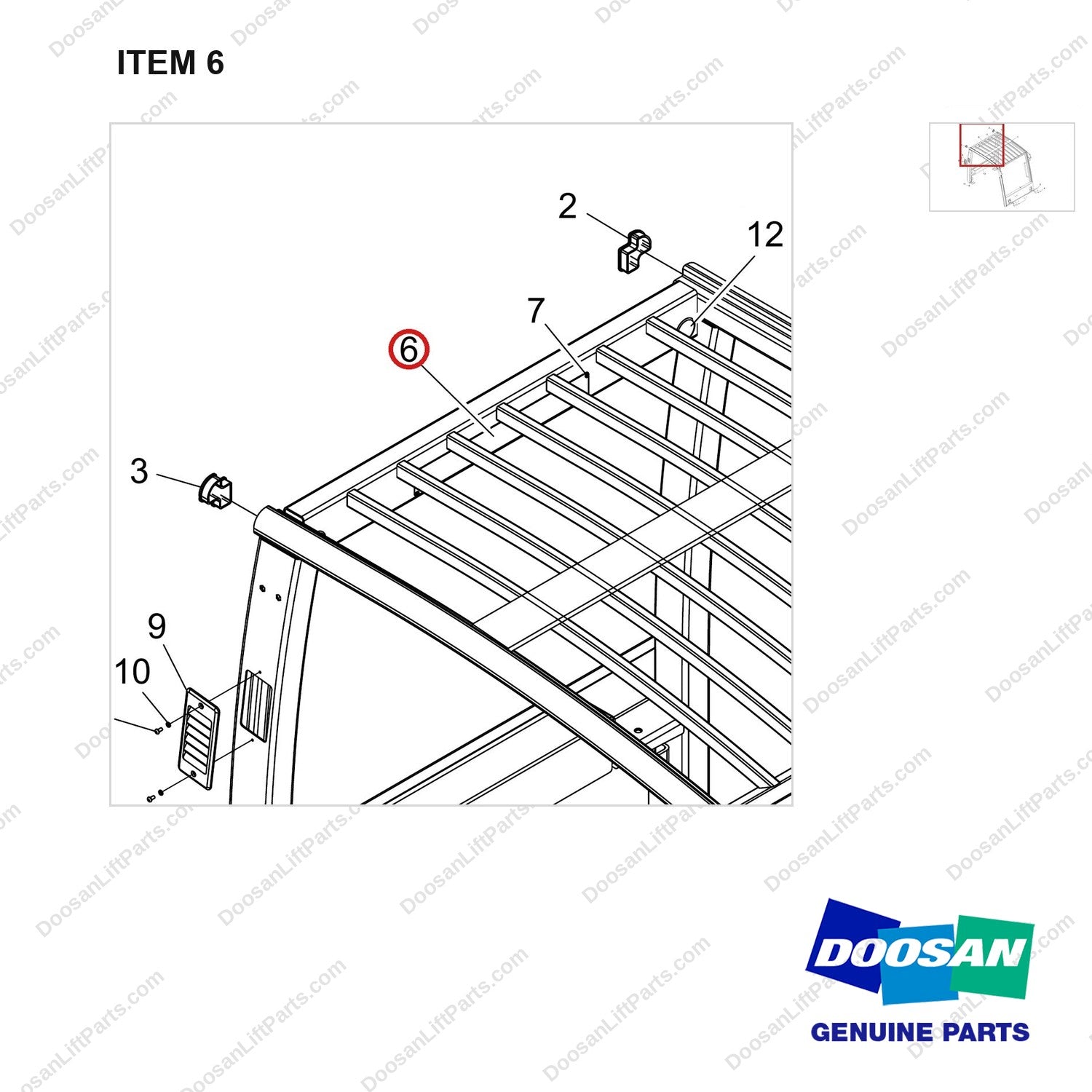 250204-11287 OVERHEAD GUARD;2020MM - parts diagram, item 6 shown - genuine Doosan / Bobcat forklift part