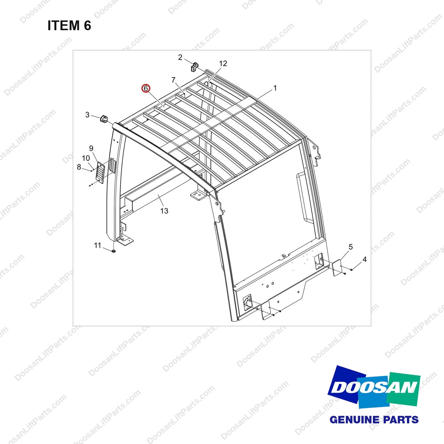 250204-11287 OVERHEAD GUARD;2020MM - full parts diagram, item 6 marked - genuine Doosan / Bobcat forklift part