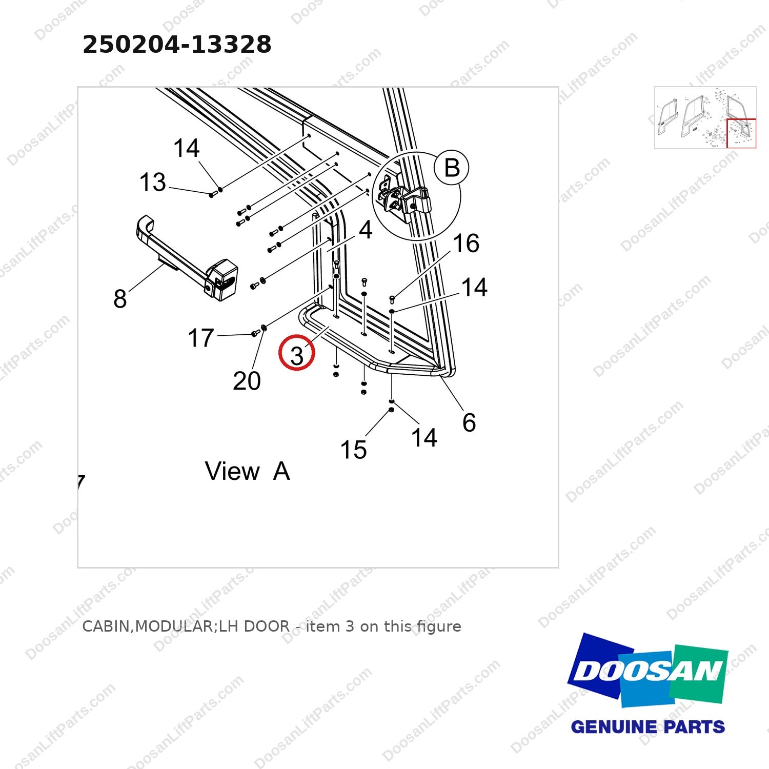 250204-13328 CABIN,MODULAR;LH DOOR - parts diagram, item 3 shown - genuine Doosan / Bobcat forklift part