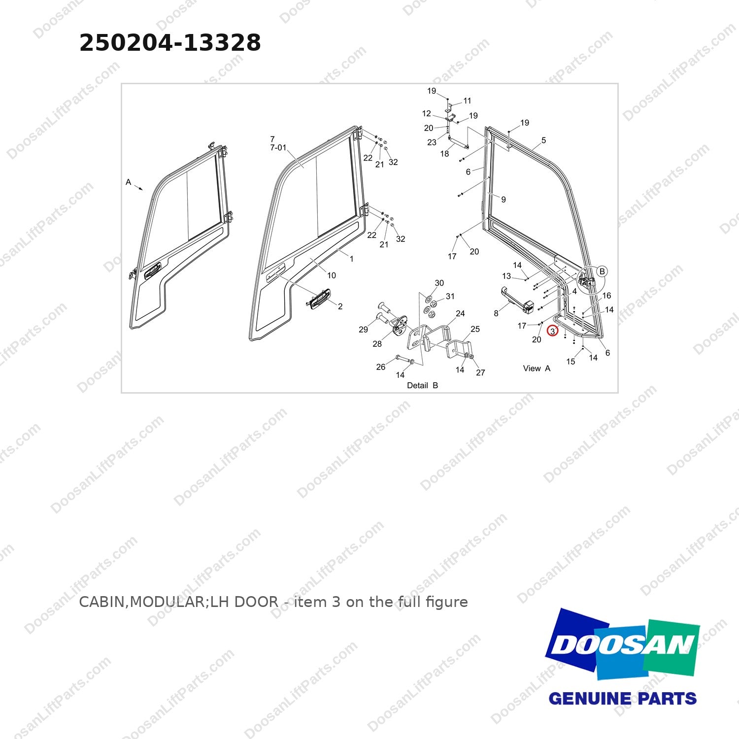 250204-13328 CABIN,MODULAR;LH DOOR - full parts diagram, item 3 marked - genuine Doosan / Bobcat forklift part