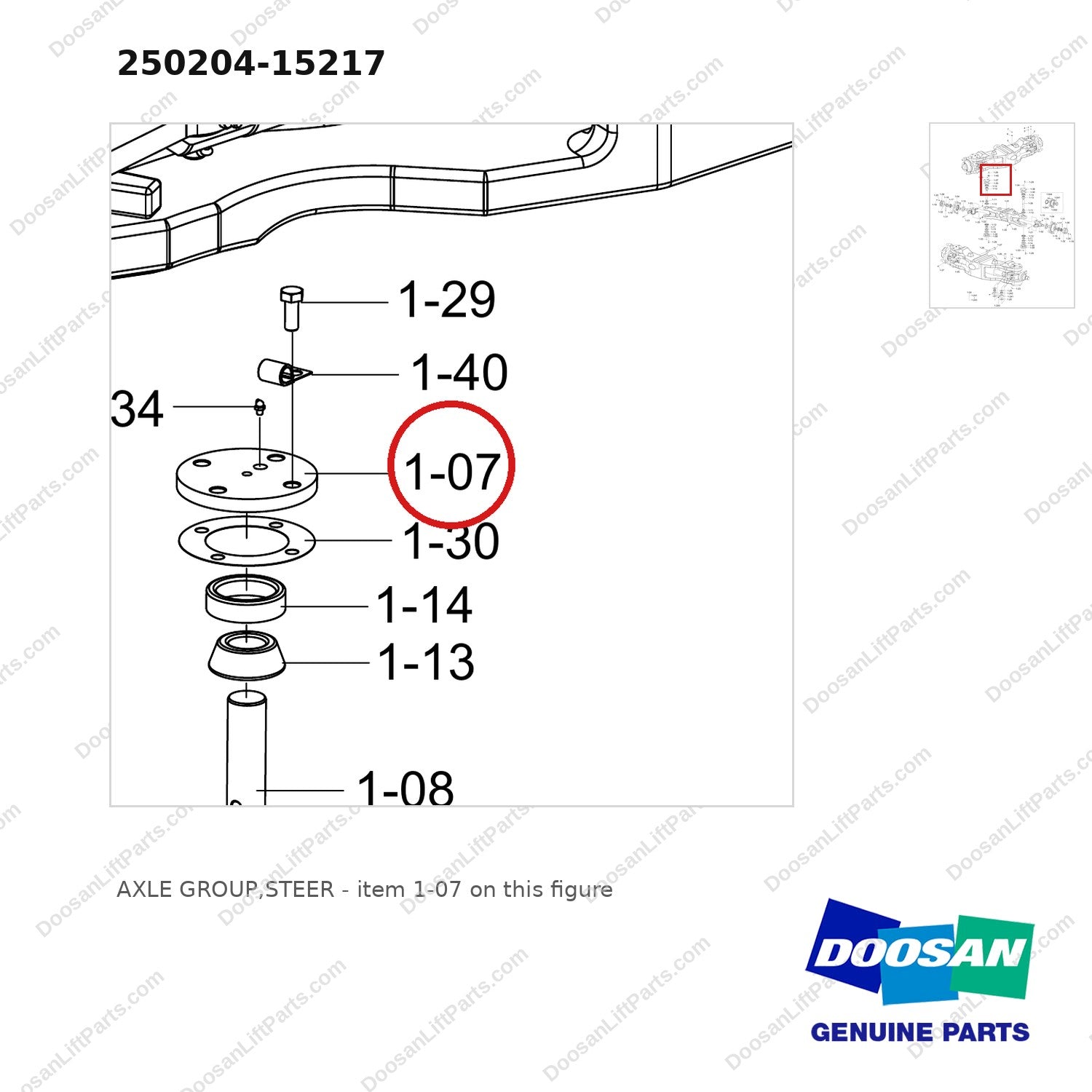 250204-15217 AXLE GROUP,STEER - parts diagram, item 1-07 shown - genuine Doosan / Bobcat forklift part