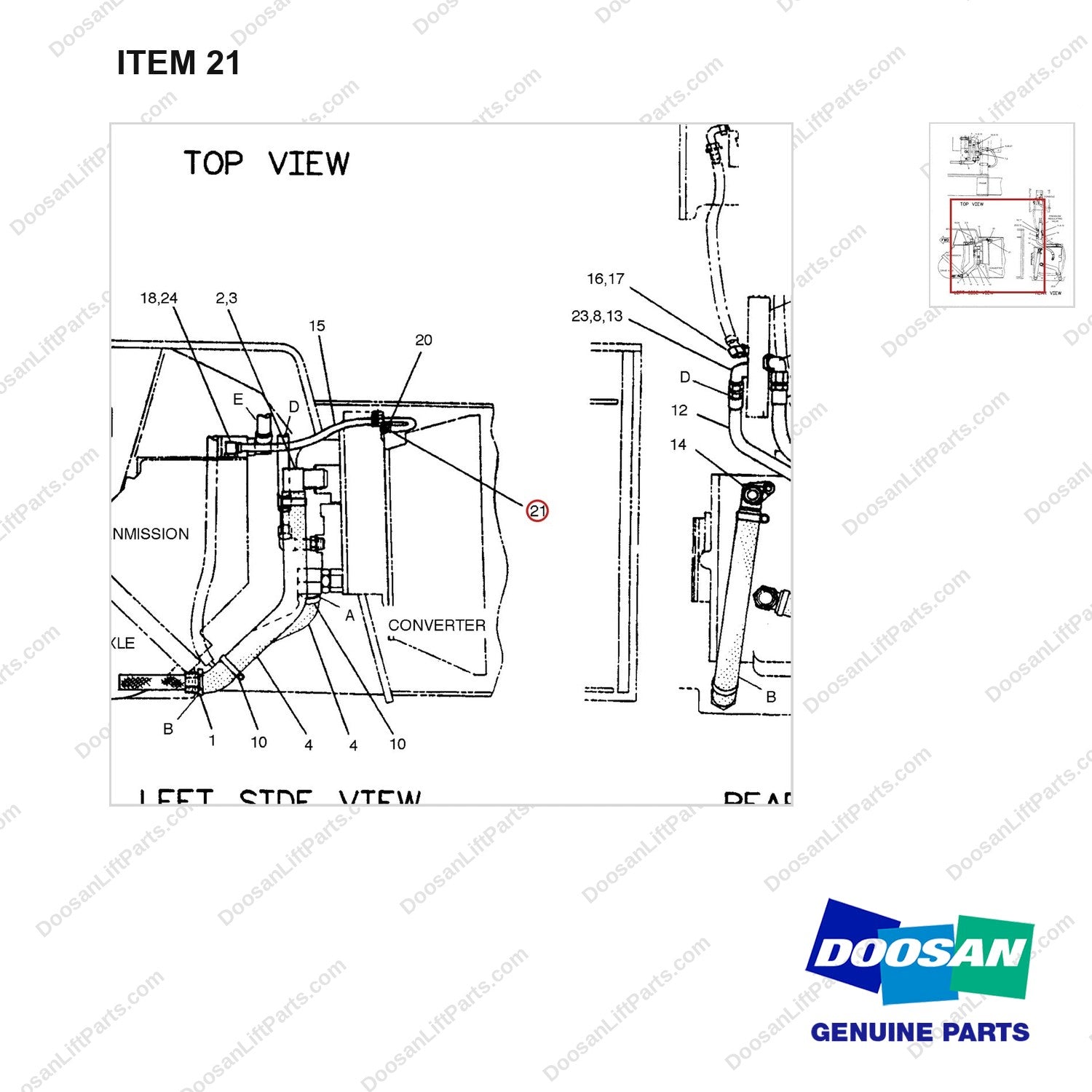 2V4868 LINES GP-POWER TRAIN OIL - parts diagram, item 21 shown - genuine Doosan / Bobcat forklift part