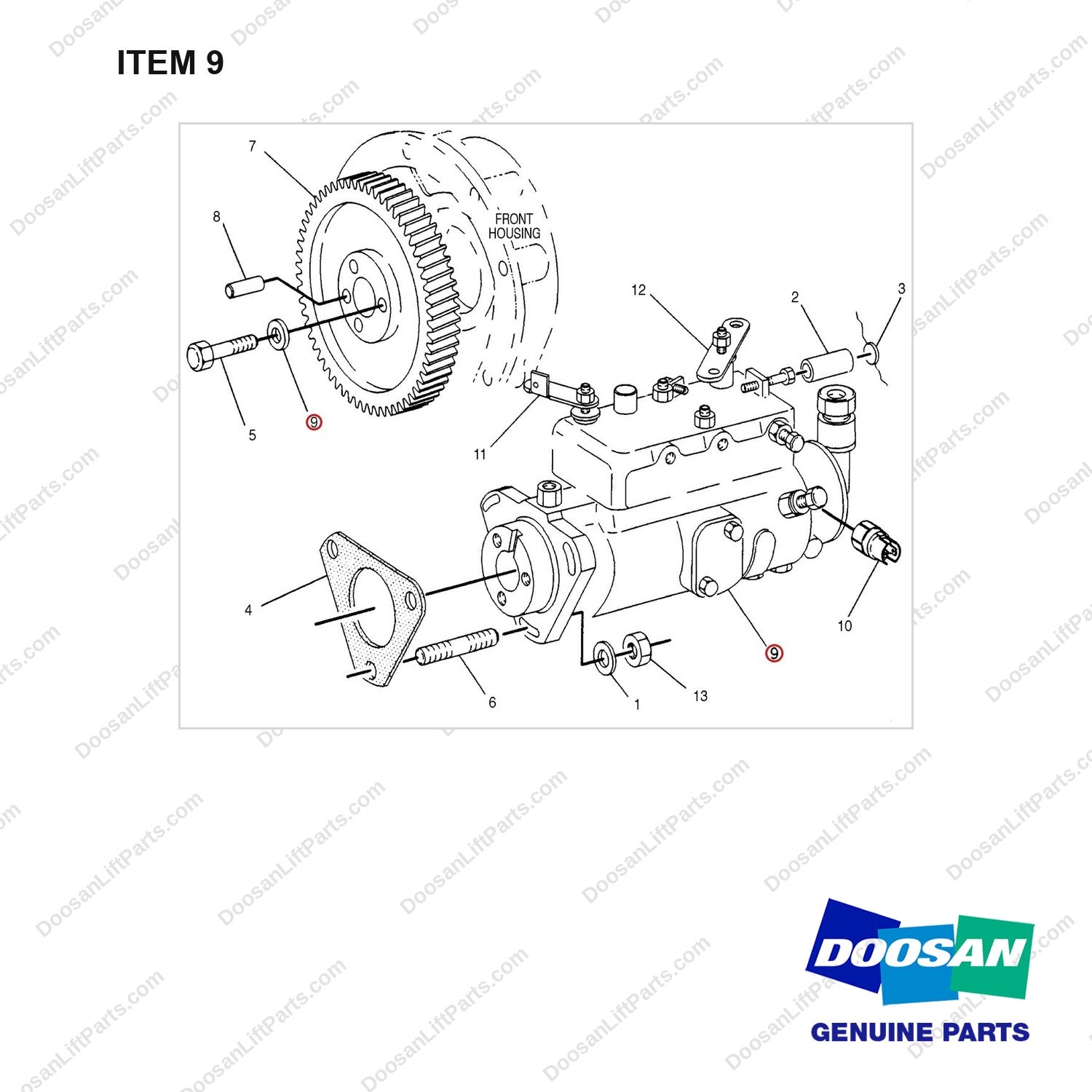 2W8129 PUMP GP-FUEL INJECTION - full parts diagram, item 9 marked - genuine Doosan / Bobcat forklift part