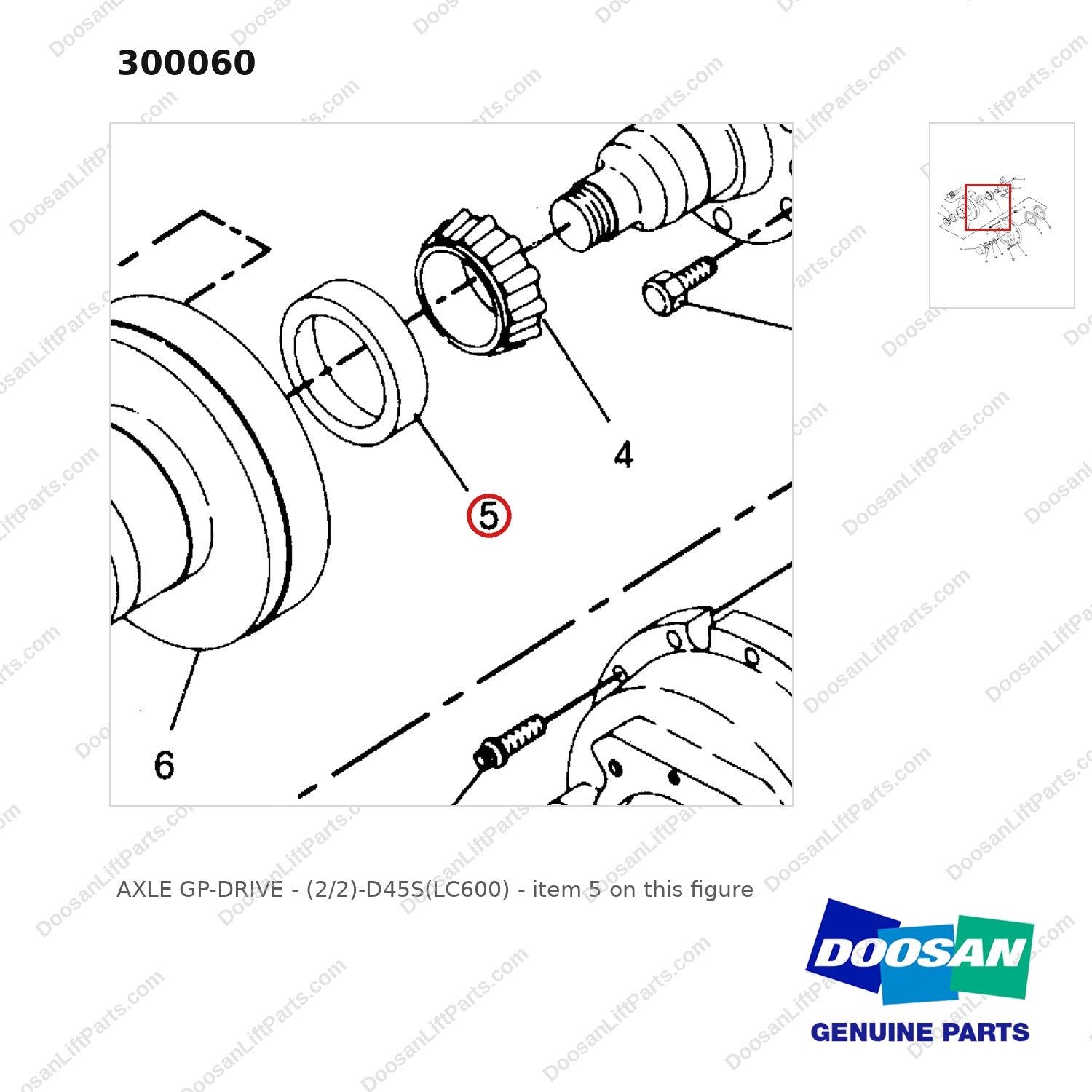 300060 AXLE GP-DRIVE - (2/2)-D45S(LC600) - parts diagram, item 5 shown - genuine Doosan / Bobcat forklift part