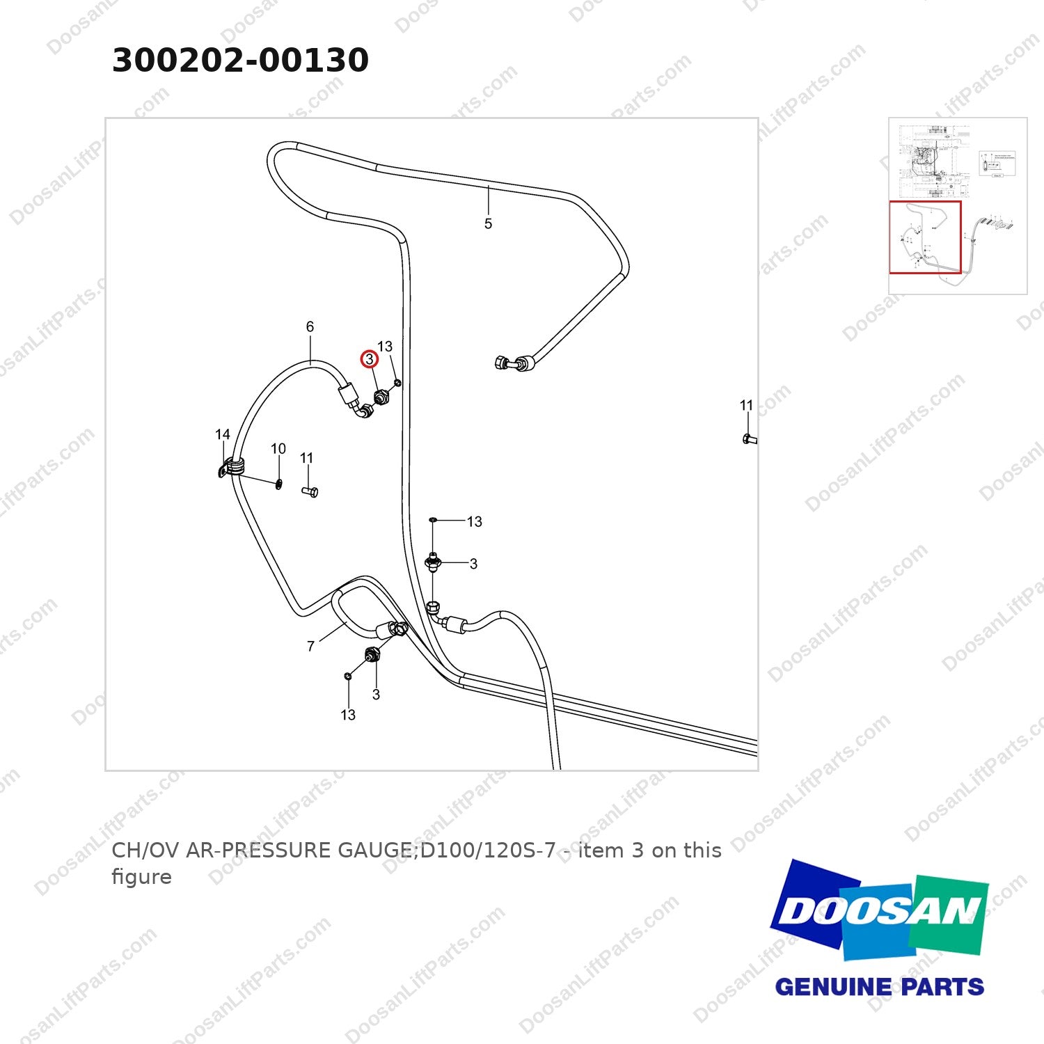300202-00130 CH/OV AR-PRESSURE GAUGE;D100/120S-7 - parts diagram, item 3 shown - genuine Doosan / Bobcat forklift part