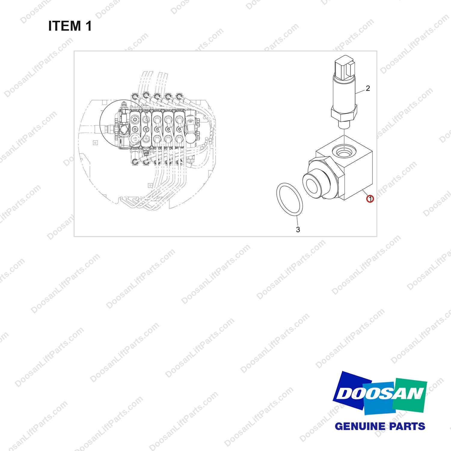 300202-00147 MOUNT GROUP;INFOLINK READY,D90 - full parts diagram, item 1 marked - genuine Doosan / Bobcat forklift part