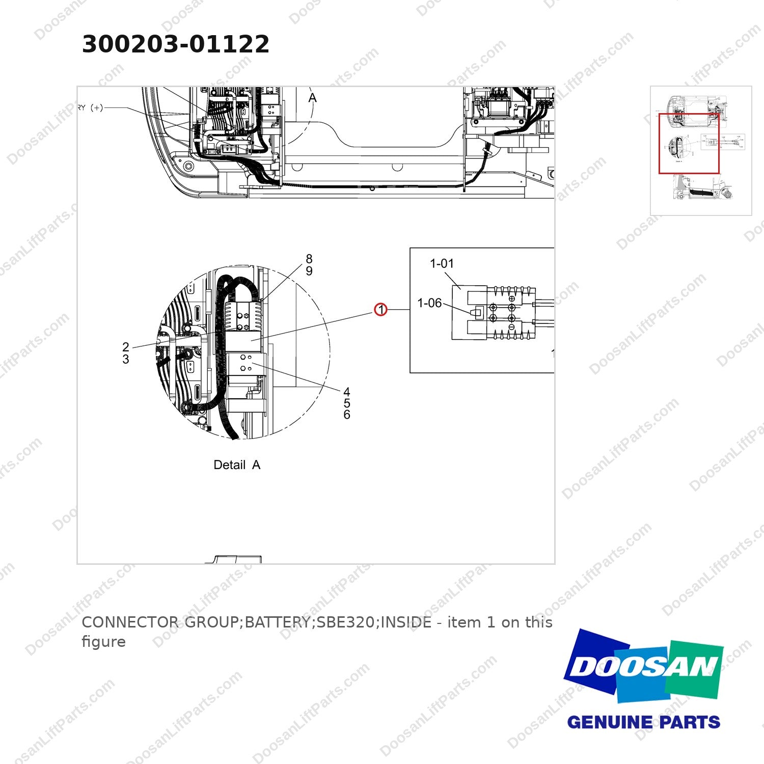 300203-01122 CONNECTOR GROUP;BATTERY;SBE320;INSIDE - parts diagram, item 1 shown - genuine Doosan / Bobcat forklift part