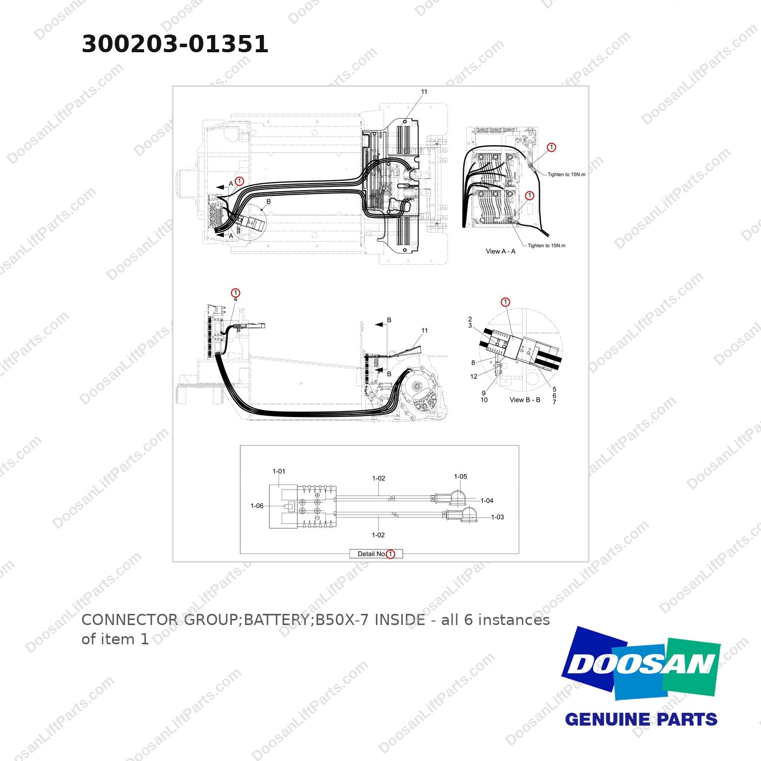 300203-01351 CONNECTOR GROUP;BATTERY;B50X-7 INSIDE - full parts diagram, item 1 marked - genuine Doosan / Bobcat forklift part