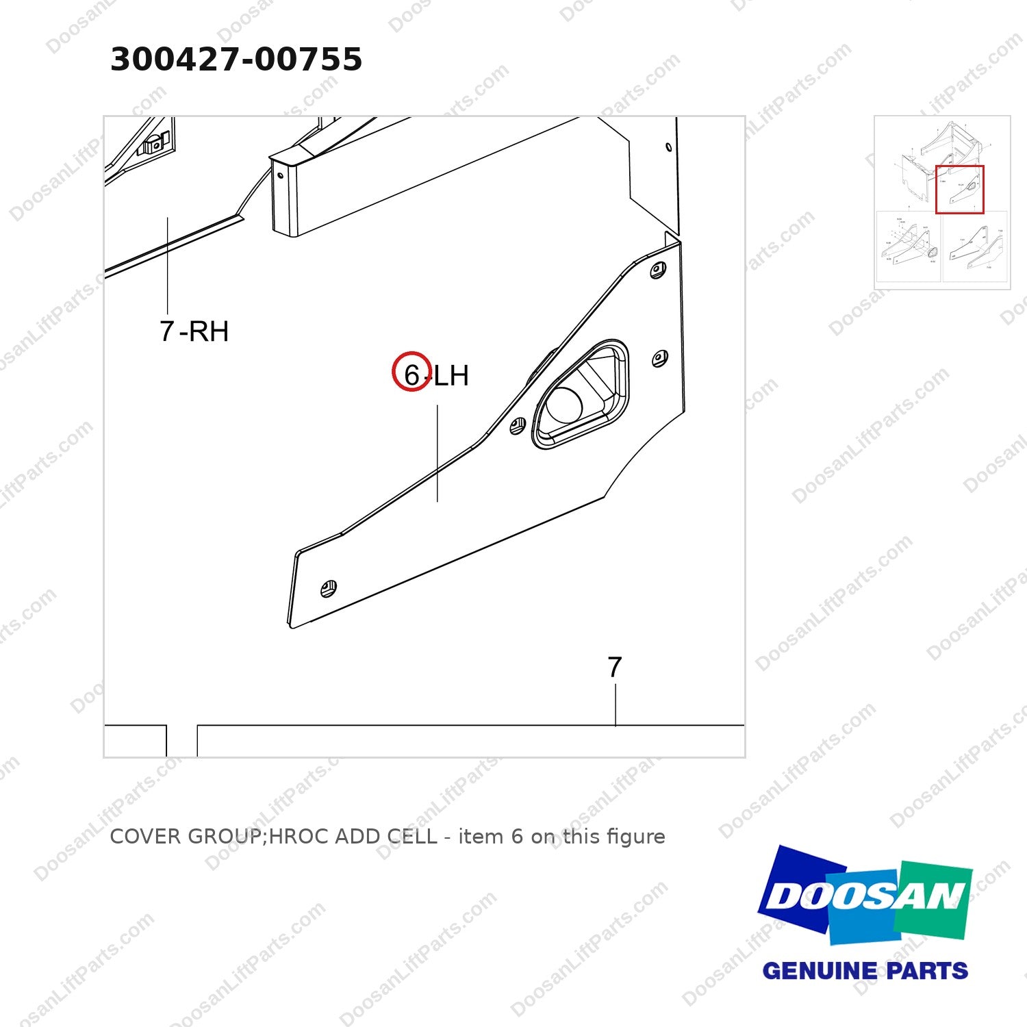 300427-00755 COVER GROUP;HROC ADD CELL - parts diagram, item 6 shown - genuine Doosan / Bobcat forklift part