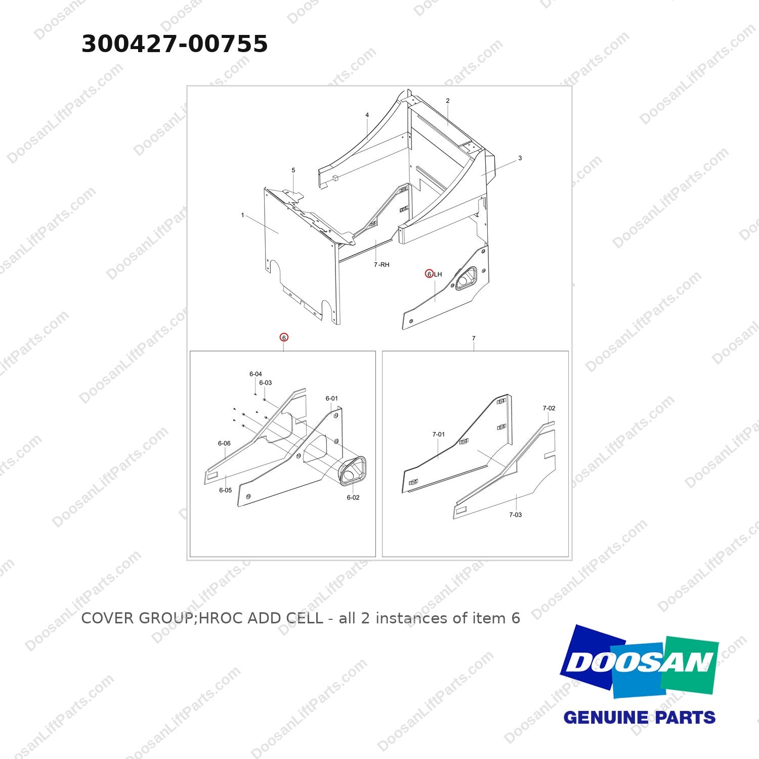 300427-00755 COVER GROUP;HROC ADD CELL - full parts diagram, item 6 marked - genuine Doosan / Bobcat forklift part