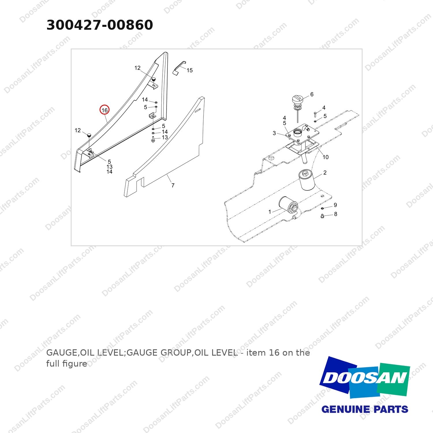 300427-00860 GAUGE,OIL LEVEL;GAUGE GROUP,OIL LEVEL - full parts diagram, item 16 marked - genuine Doosan / Bobcat forklift part
