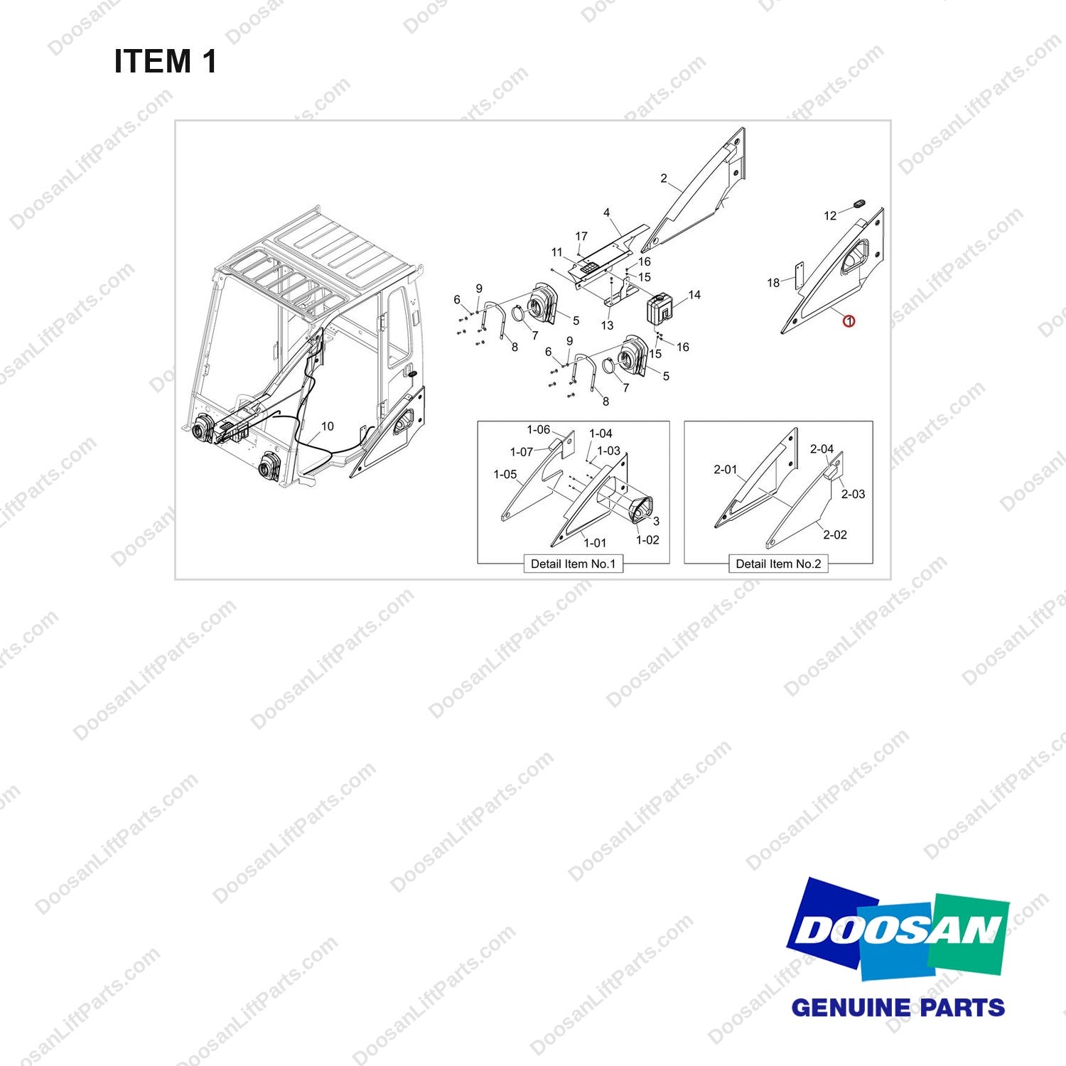 300427-02562 CH/OV AR-CABIN GROUP,BOBCAT - full parts diagram, item 1 marked - genuine Doosan / Bobcat forklift part