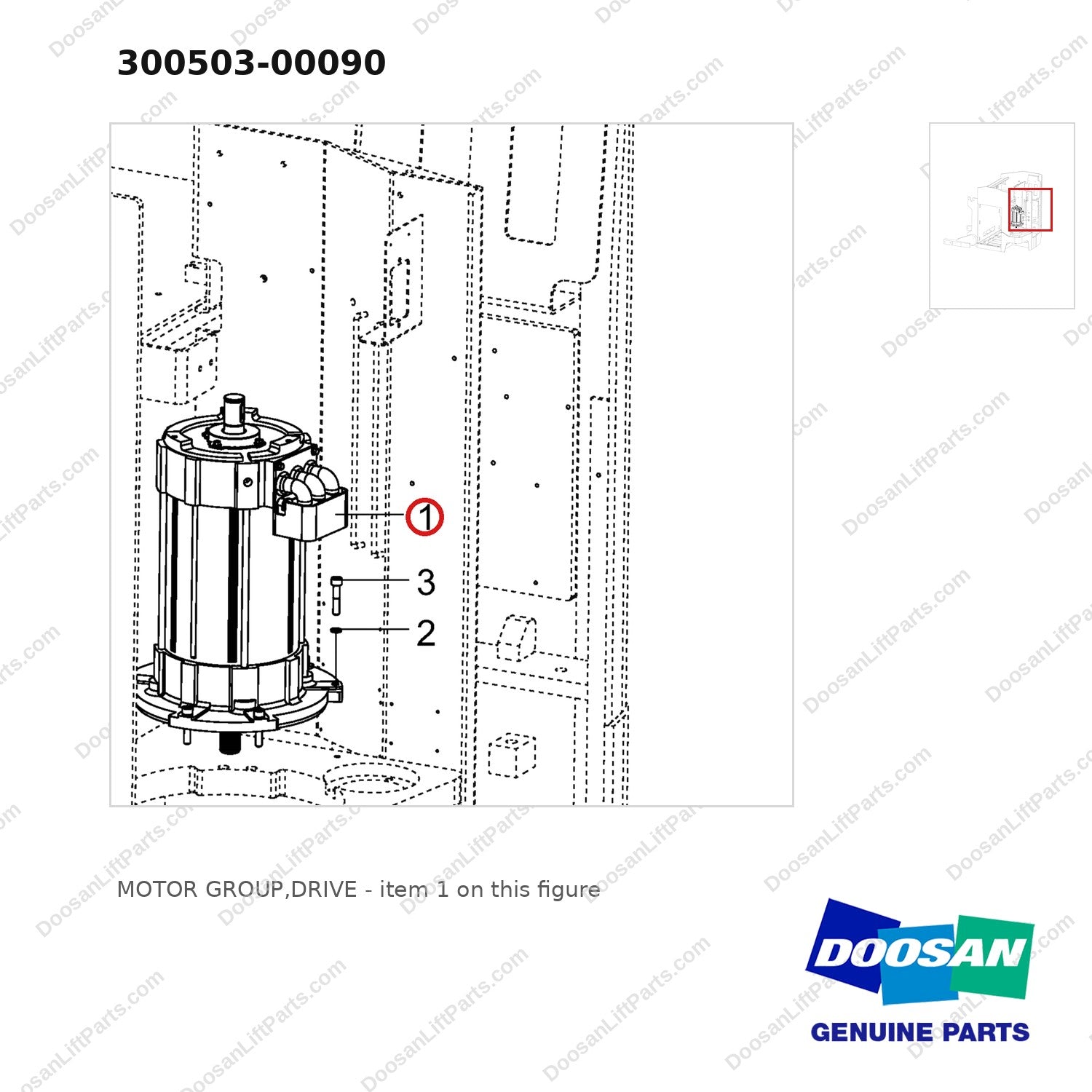 300503-00090 MOTOR GROUP,DRIVE - parts diagram, item 1 shown - genuine Doosan / Bobcat forklift part