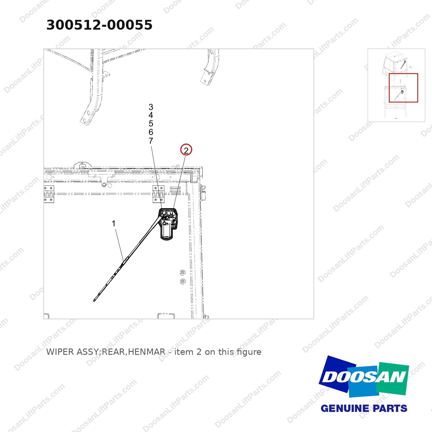 300512-00055 WIPER ASSY;REAR,HENMAR - parts diagram, item 2 shown - genuine Doosan / Bobcat forklift part