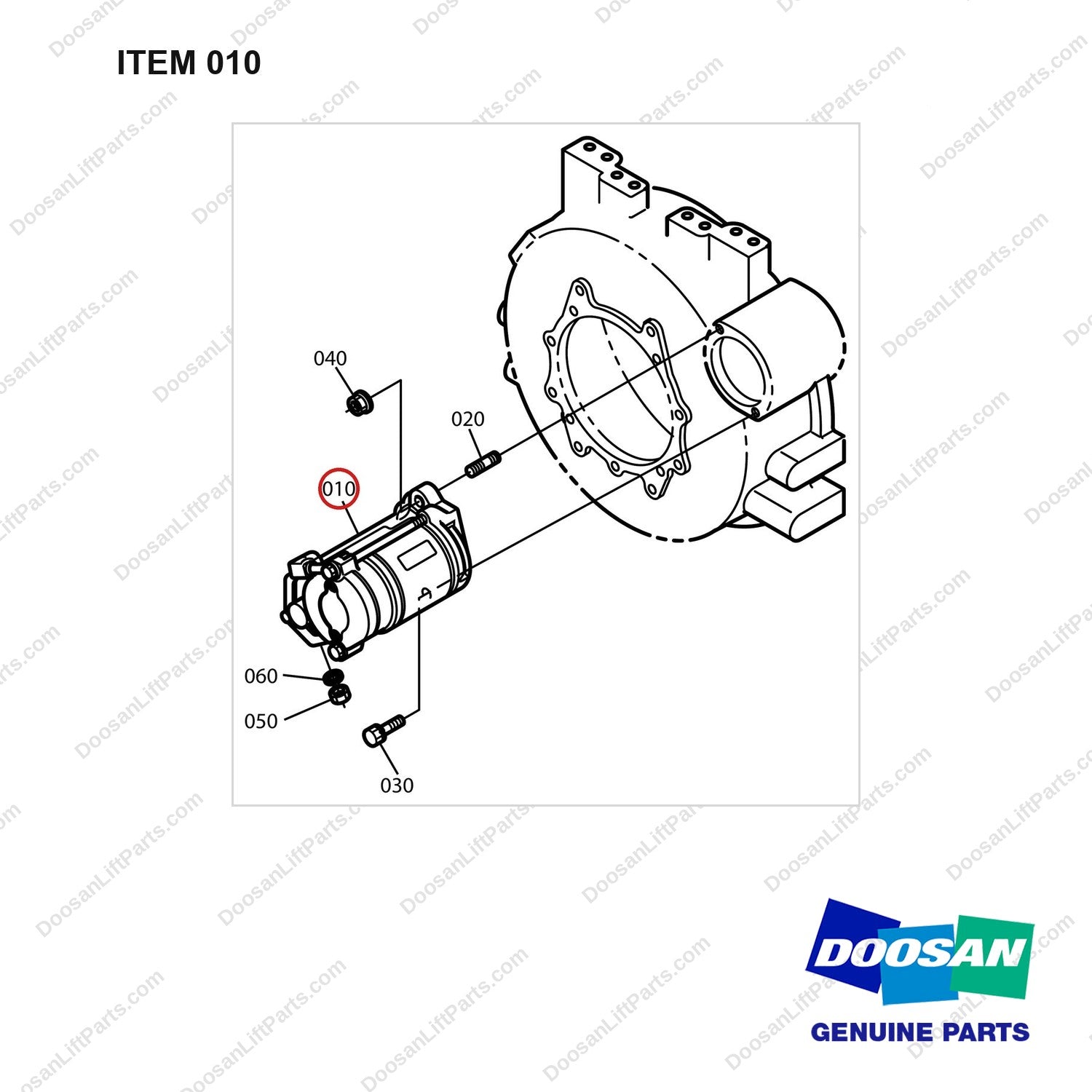 300516-00170 STARTER ASSY - full parts diagram, item 010 marked - genuine Doosan / Bobcat forklift part