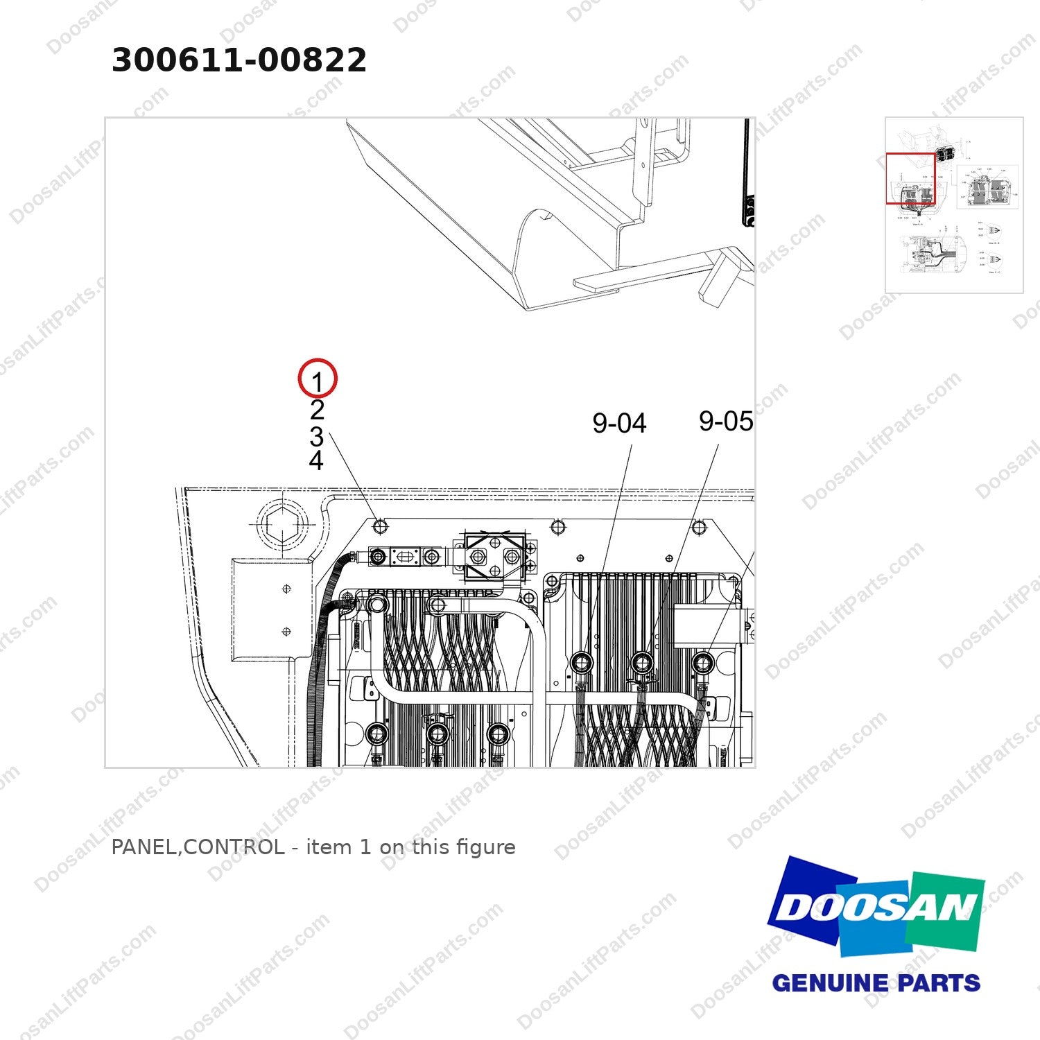 300611-00822 PANEL,CONTROL - parts diagram, item 1 shown - genuine Doosan / Bobcat forklift part