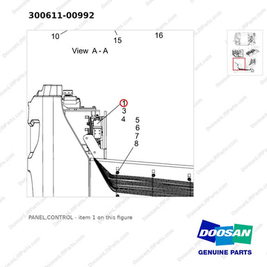 300611-00992 PANEL,CONTROL - parts diagram, item 1 shown - genuine Doosan / Bobcat forklift part