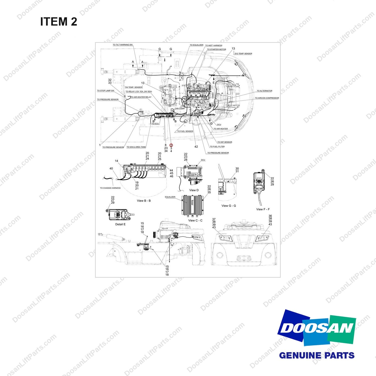 300611-01039 WIRE GROUP;8TON, T4 - full parts diagram, item 2 marked - genuine Doosan / Bobcat forklift part