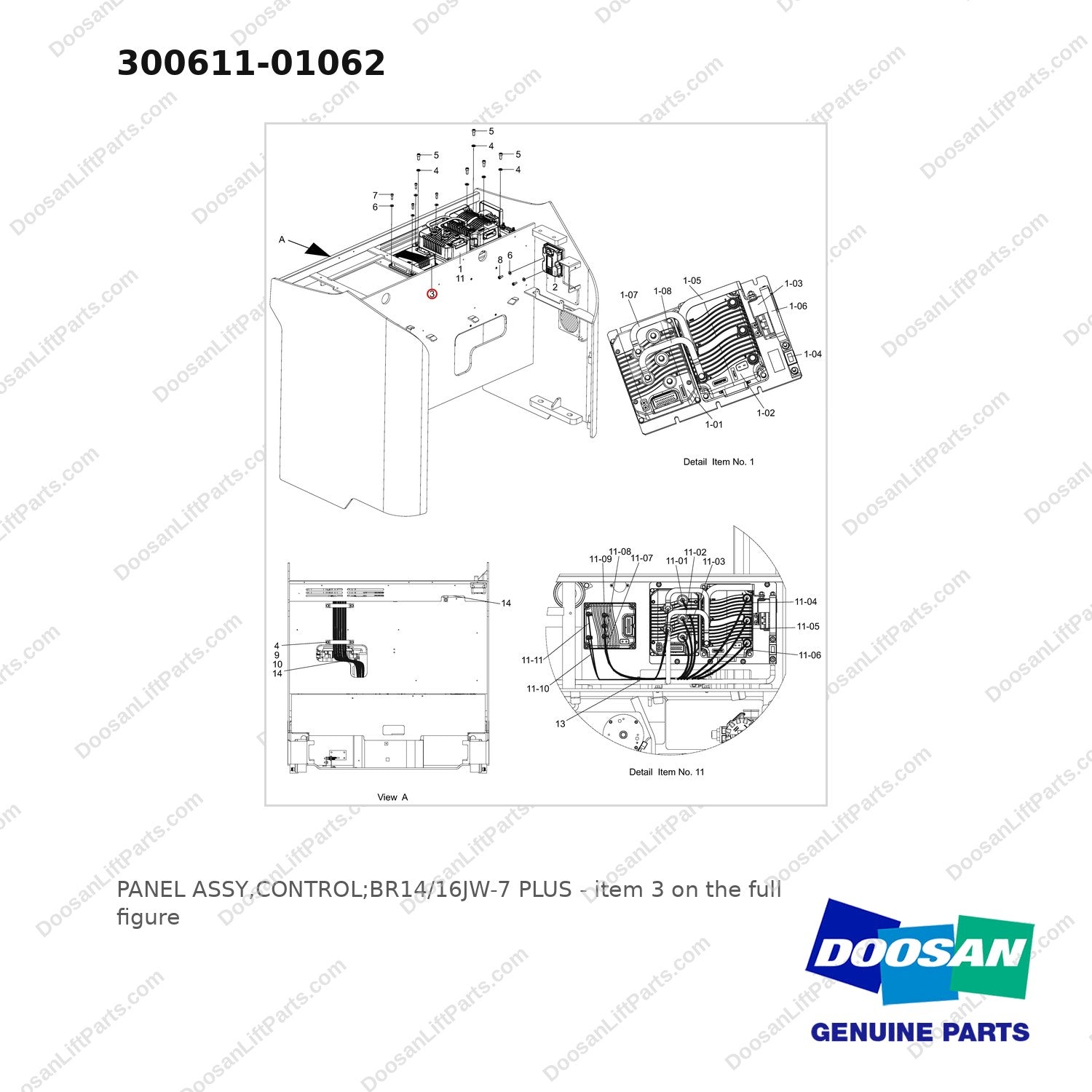 300611-01062 PANEL ASSY,CONTROL;BR14/16JW-7 PLUS - full parts diagram, item 3 marked - genuine Doosan / Bobcat forklift part