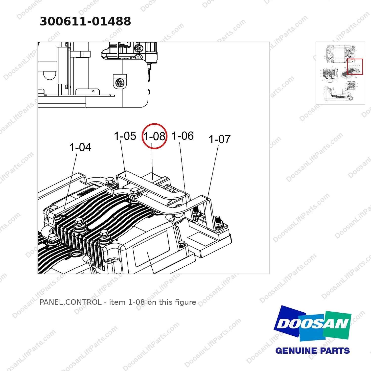 300611-01488 PANEL,CONTROL - parts diagram, item 1-08 shown - genuine Doosan / Bobcat forklift part