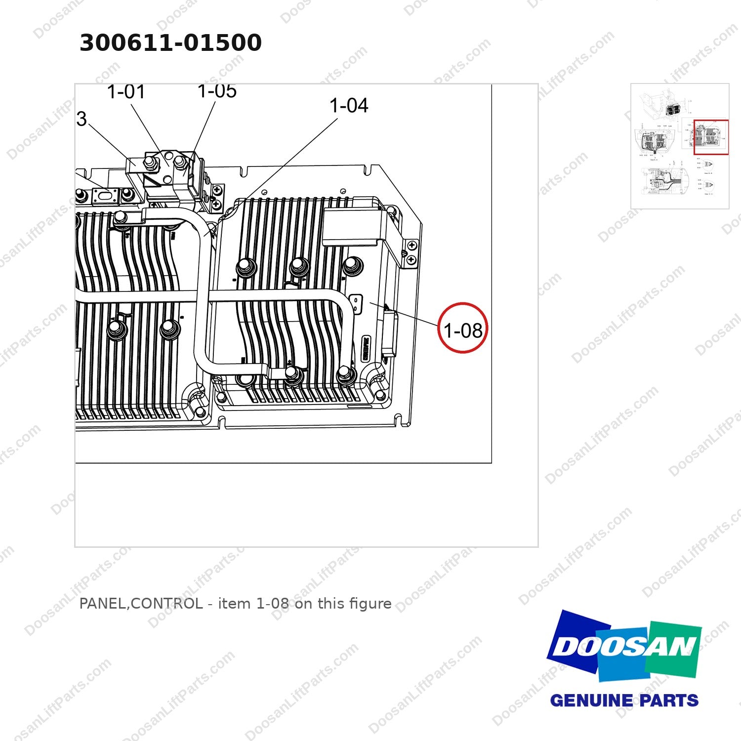 300611-01500 PANEL,CONTROL - parts diagram, item 1-08 shown - genuine Doosan / Bobcat forklift part