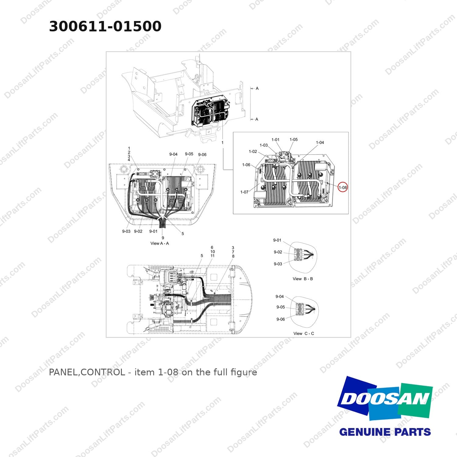 300611-01500 PANEL,CONTROL - full parts diagram, item 1-08 marked - genuine Doosan / Bobcat forklift part