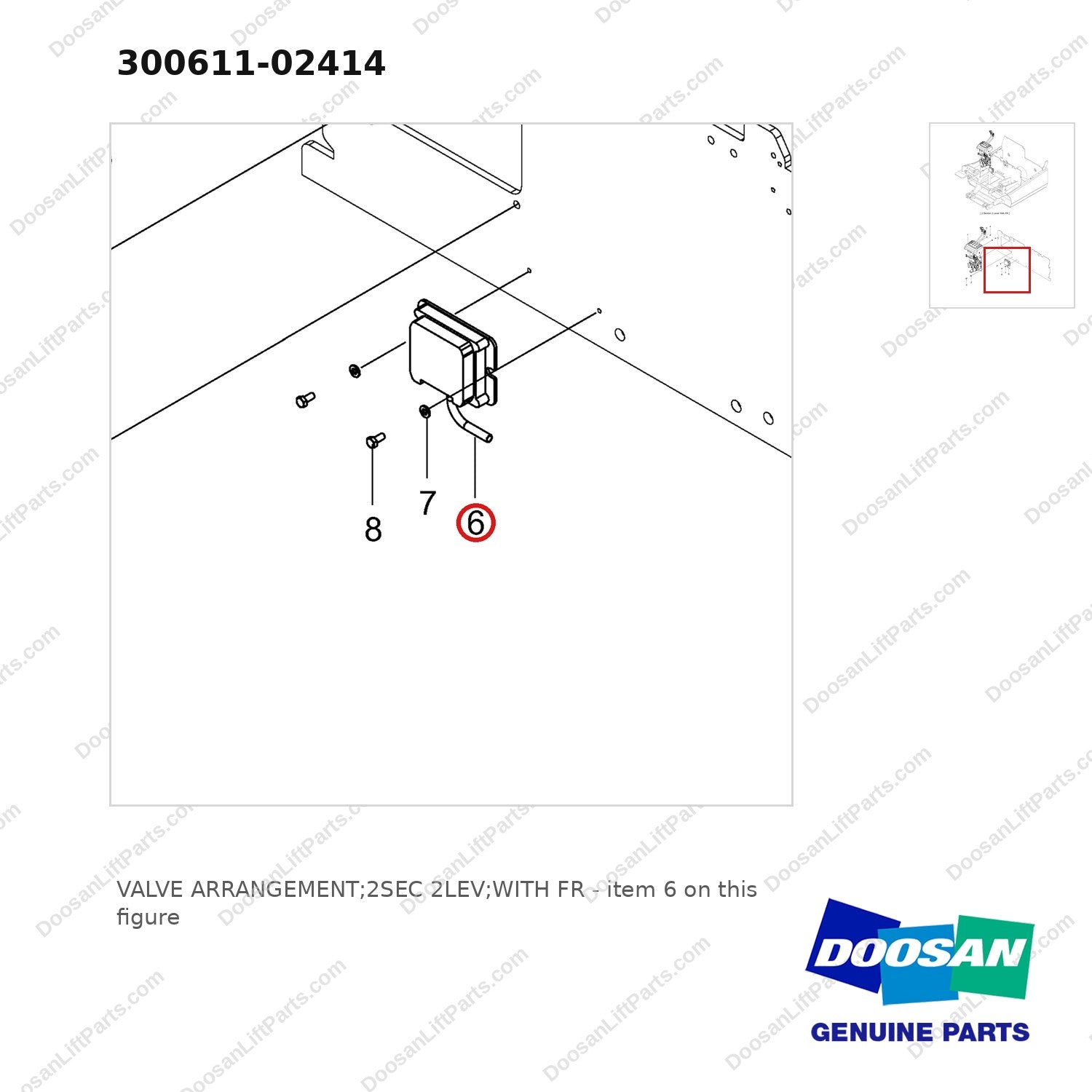300611-02414 VALVE ARRANGEMENT;2SEC 2LEV;WITH FR - parts diagram, item 6 shown - genuine Doosan / Bobcat forklift part