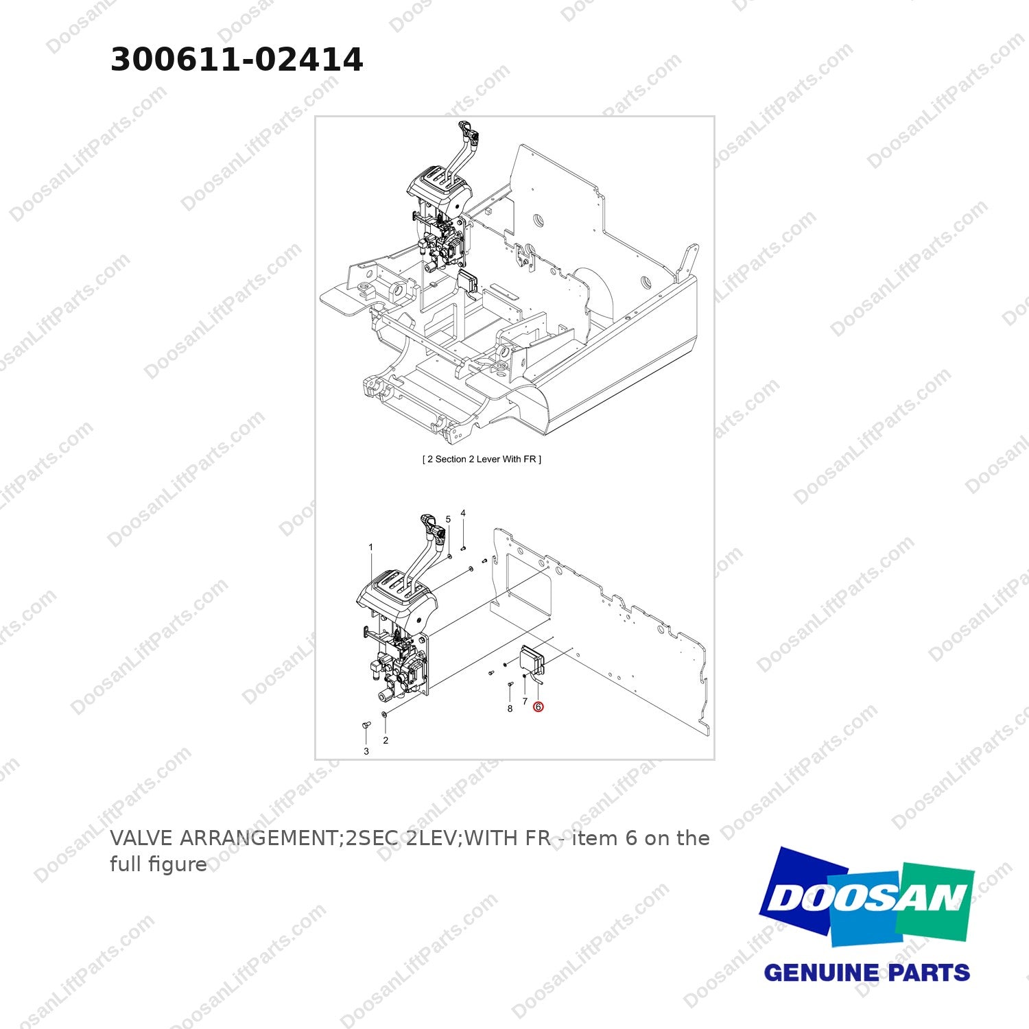 300611-02414 VALVE ARRANGEMENT;2SEC 2LEV;WITH FR - full parts diagram, item 6 marked - genuine Doosan / Bobcat forklift part