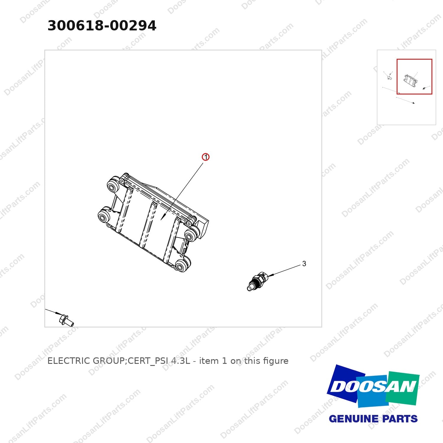 300618-00294 ELECTRIC GROUP;CERT_PSI 4.3L - parts diagram, item 1 shown - genuine Doosan / Bobcat forklift part