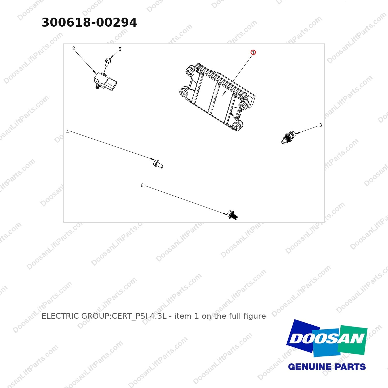 300618-00294 ELECTRIC GROUP;CERT_PSI 4.3L - full parts diagram, item 1 marked - genuine Doosan / Bobcat forklift part