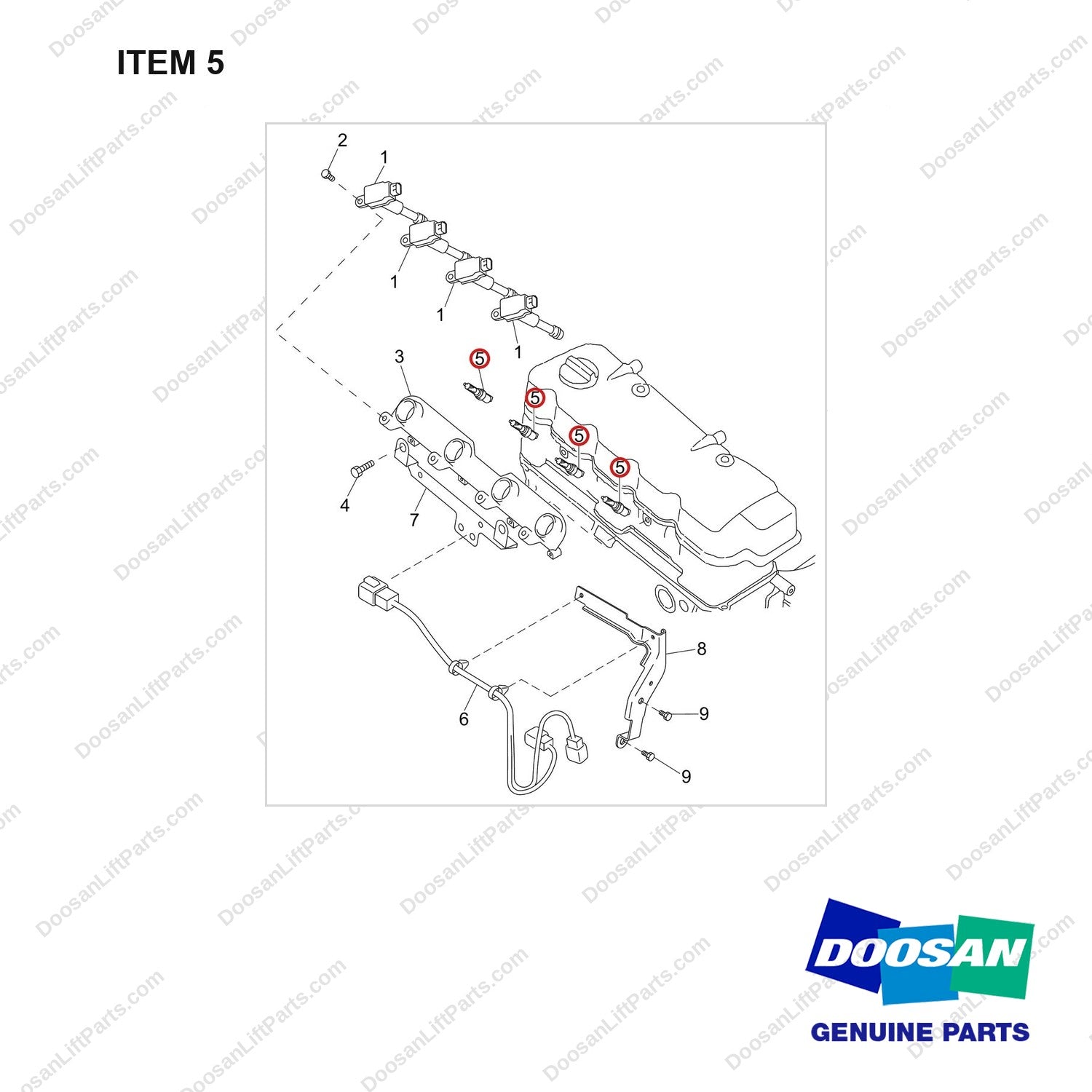 300622-00029 COIL;24V - full parts diagram, item 5 marked - genuine Doosan / Bobcat forklift part