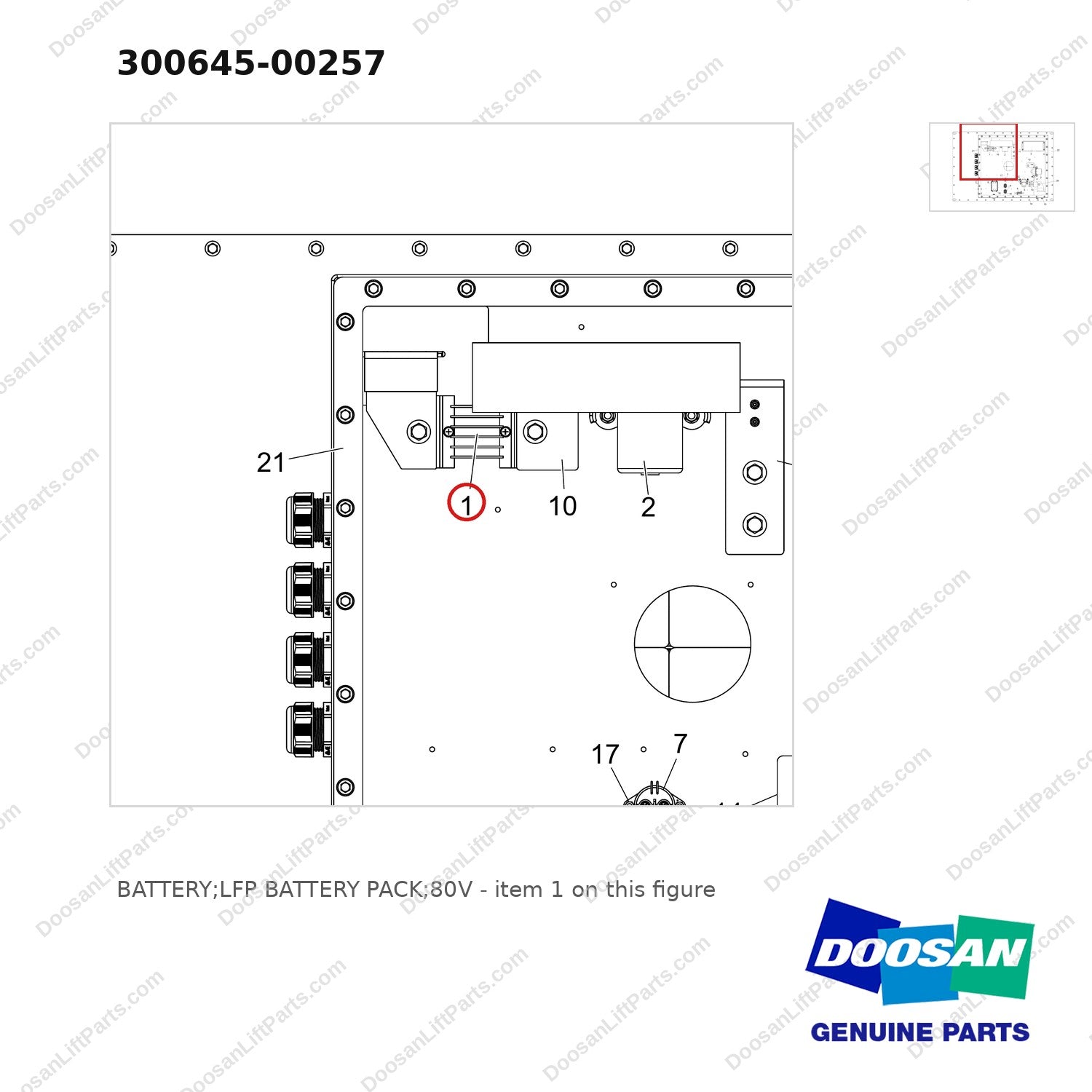 300645-00257 BATTERY;LFP BATTERY PACK;80V - parts diagram, item 1 shown - genuine Doosan / Bobcat forklift part
