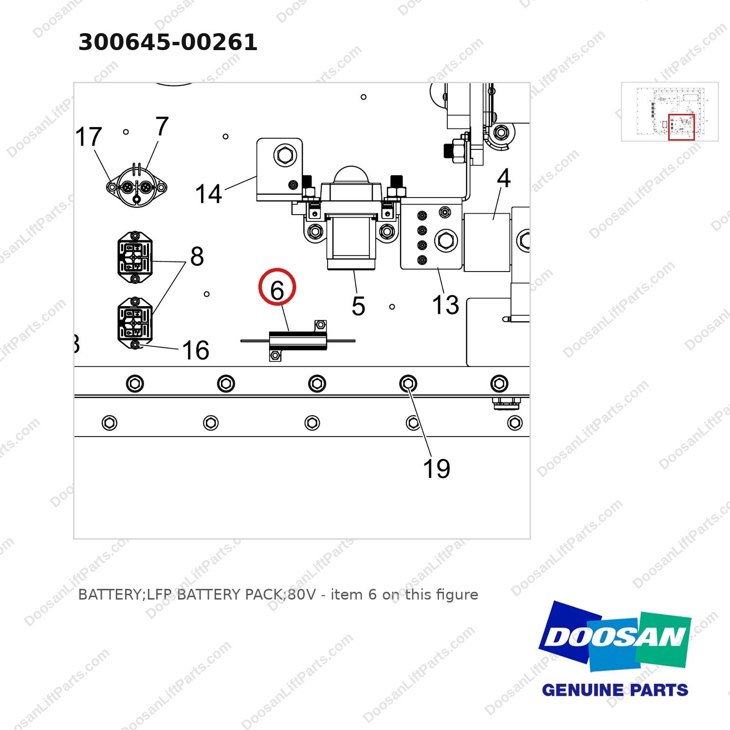 300645-00261 BATTERY;LFP BATTERY PACK;80V - parts diagram, item 6 shown - genuine Doosan / Bobcat forklift part