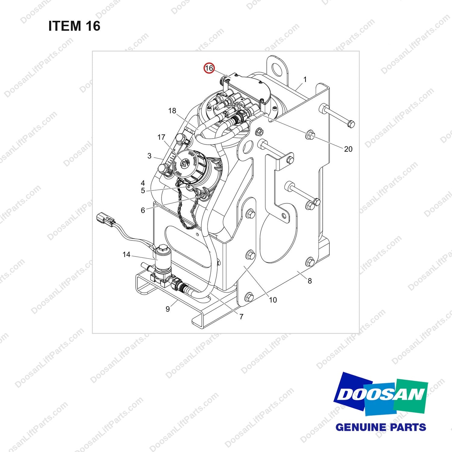 301308-01121A TANK,UREA;15L - full parts diagram, item 16 marked - genuine Doosan / Bobcat forklift part